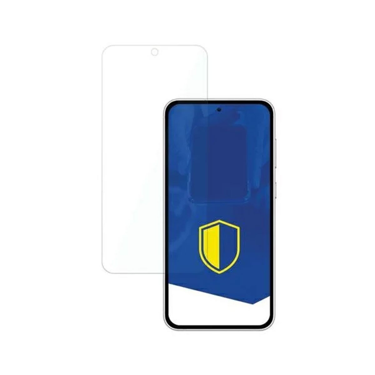 Smartfon z ochraniaczem ekranu obok. Logo tarczy na ekranie. Białe tło.