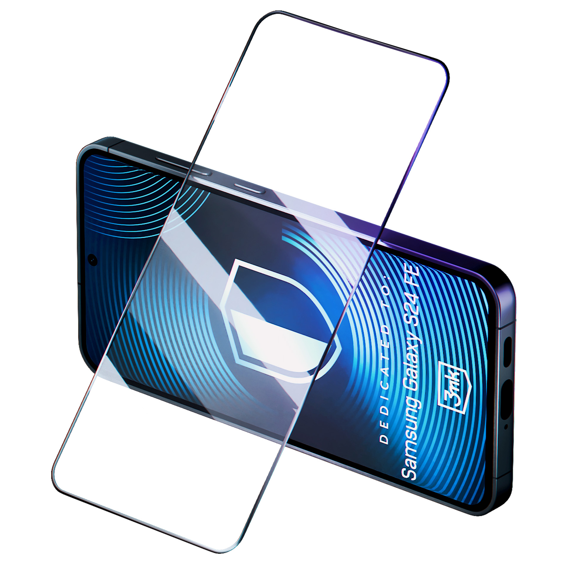 Smartphone con protezione schermo. Il telefono è nero, la protezione trasparente. Sfondo blu.