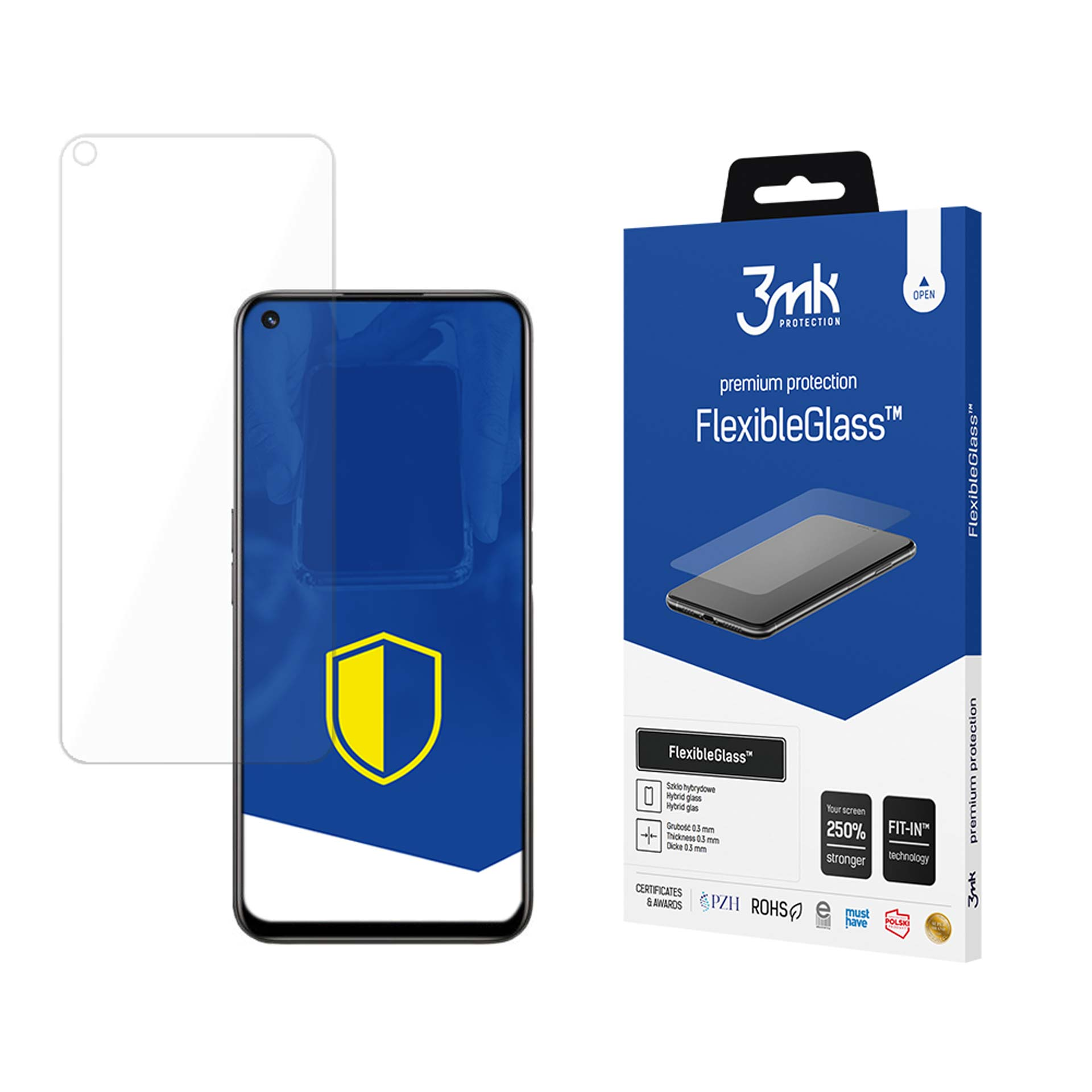 Un proteggi schermo e un telefono accanto a una scatola del prodotto. Entrambi presentano uno scudo giallo.