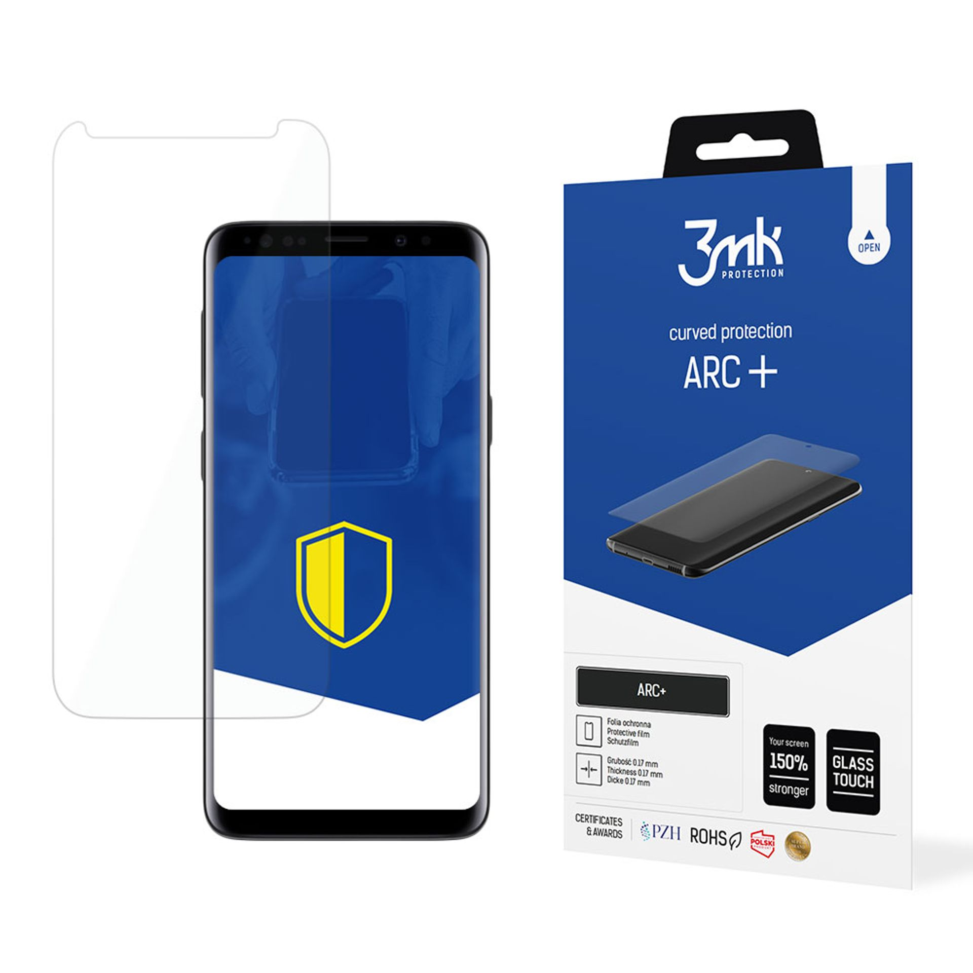 Un proteggi schermo e un telefono accanto a una scatola del prodotto. Entrambi presentano uno scudo giallo.