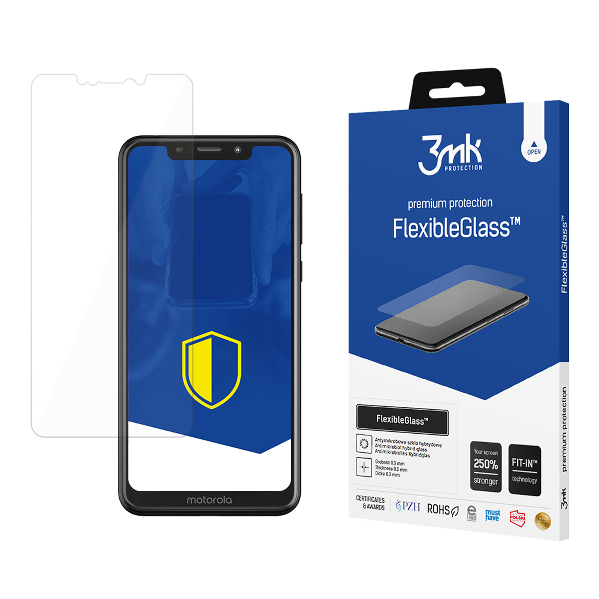 Un telefono Motorola con protezione schermo e una scatola. Logo scudo sullo schermo.