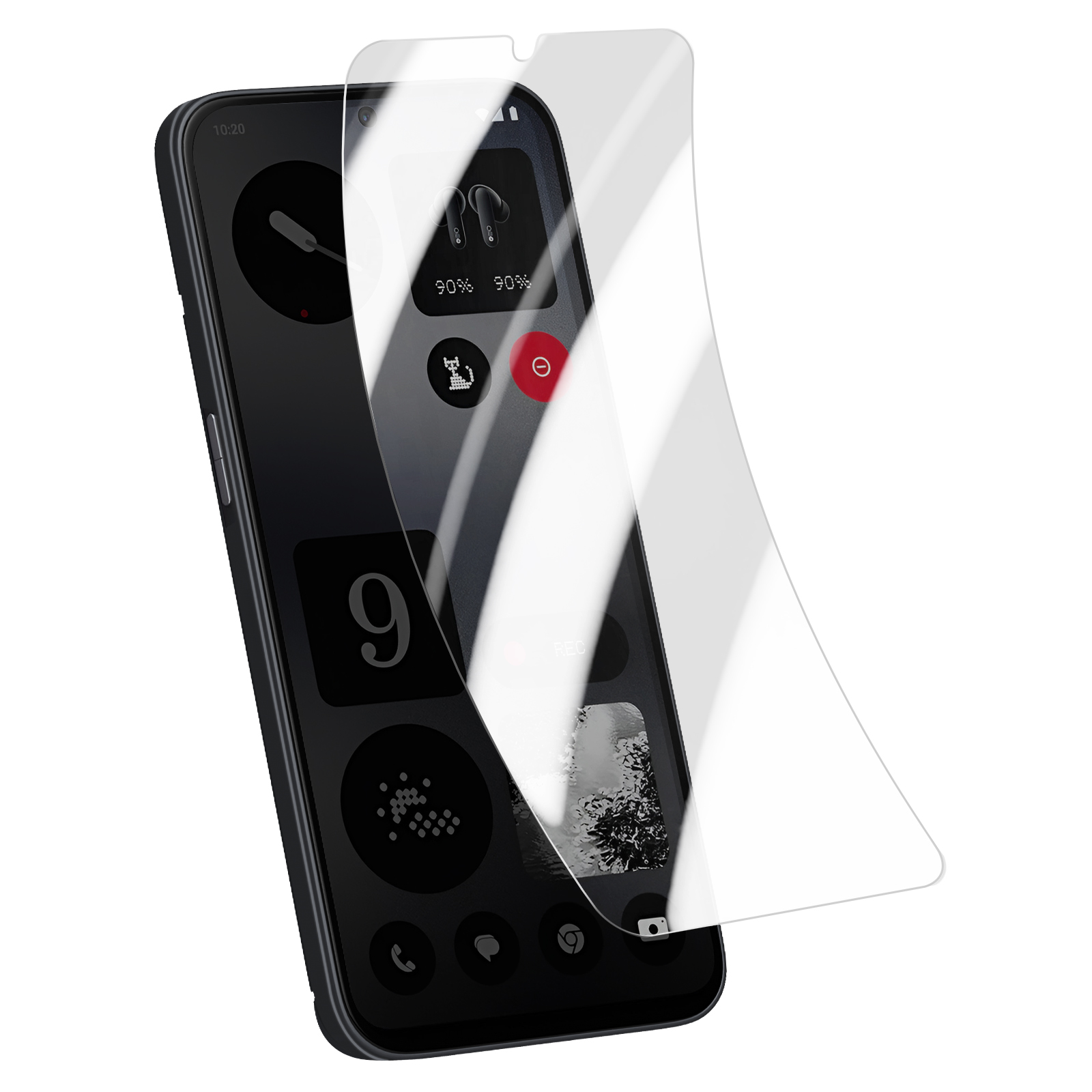 Un telefono con una protezione per lo schermo. Lo schermo mostra alcune icone in bianco e nero.