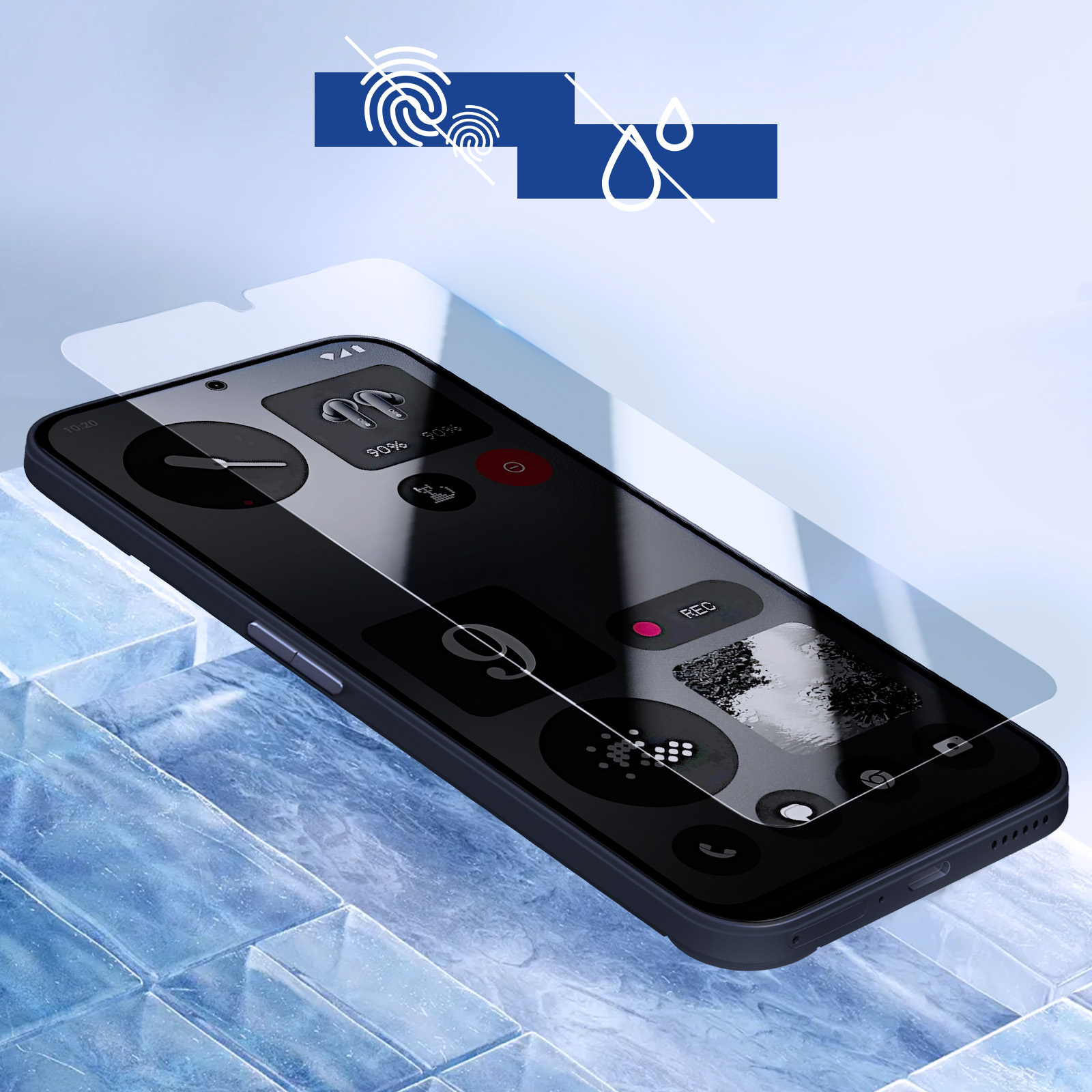 Uno smartphone nero con protezione schermo applicata. Il telefono mostra icone. Goccia d'acqua e impronta digitale.