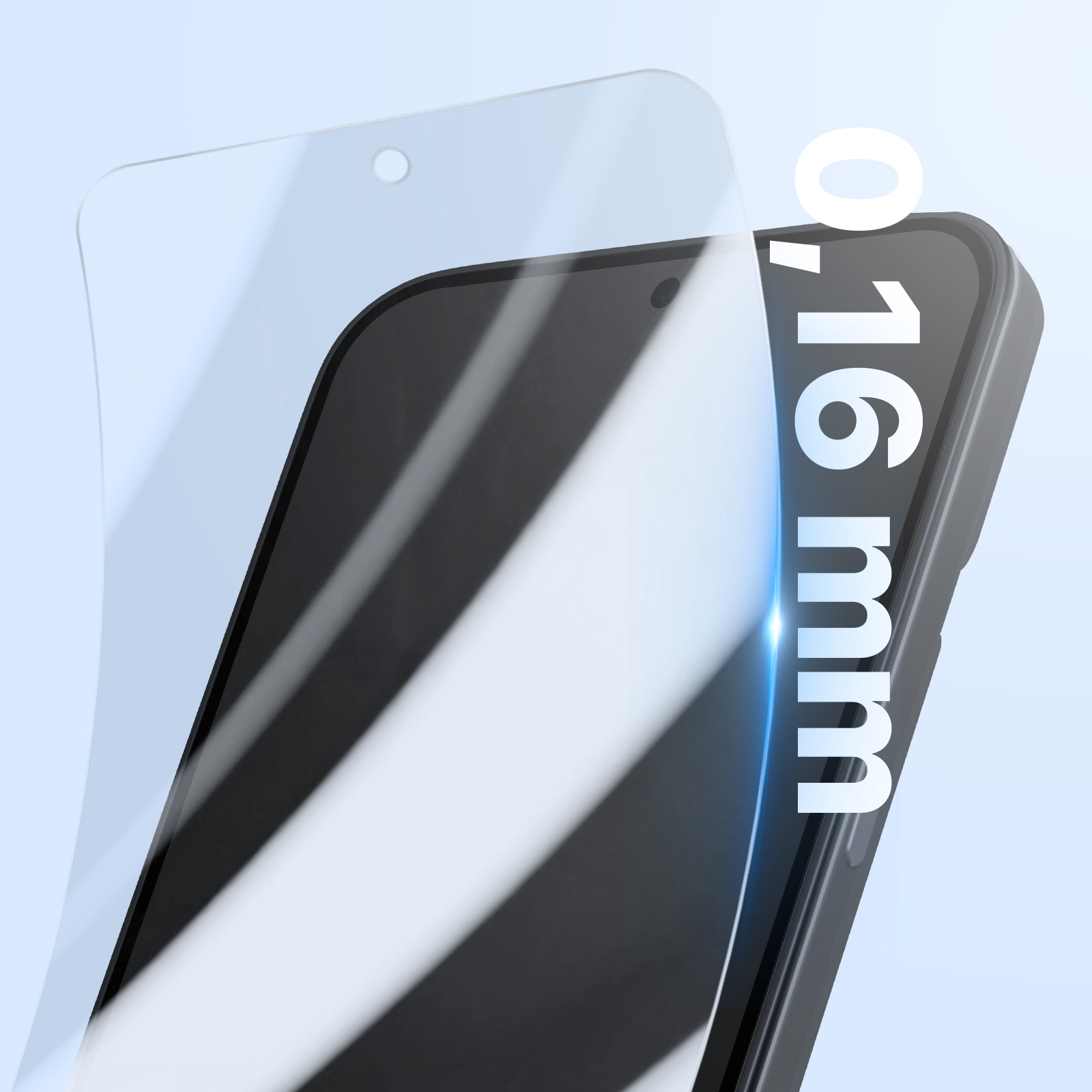 Un telefono con protezione schermo, con il testo '0,16 mm' per enfatizzare lo spessore.