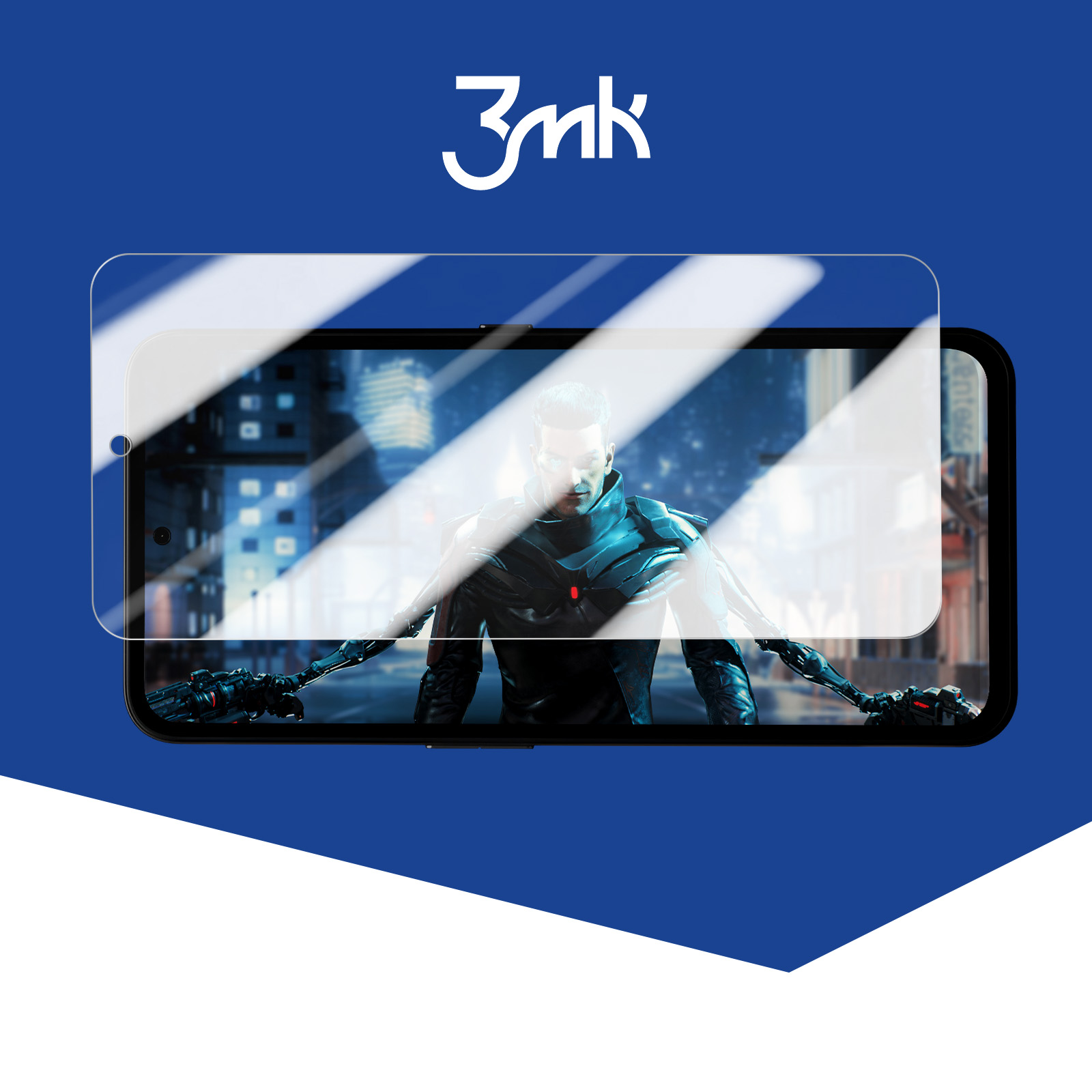 Smartphone con protezione schermo applicata. Il telefono mostra una scena di film futuristica. Logo 3mk in alto.