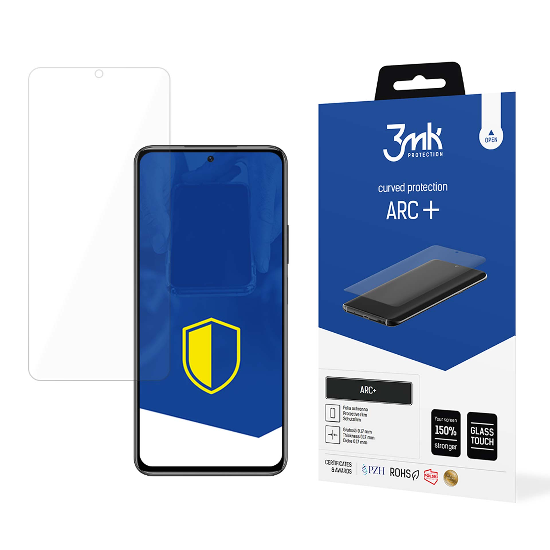 Smartphone con protezione schermo e confezione. La protezione ha il marchio 3mk e la confezione ha il marchio ARC+.