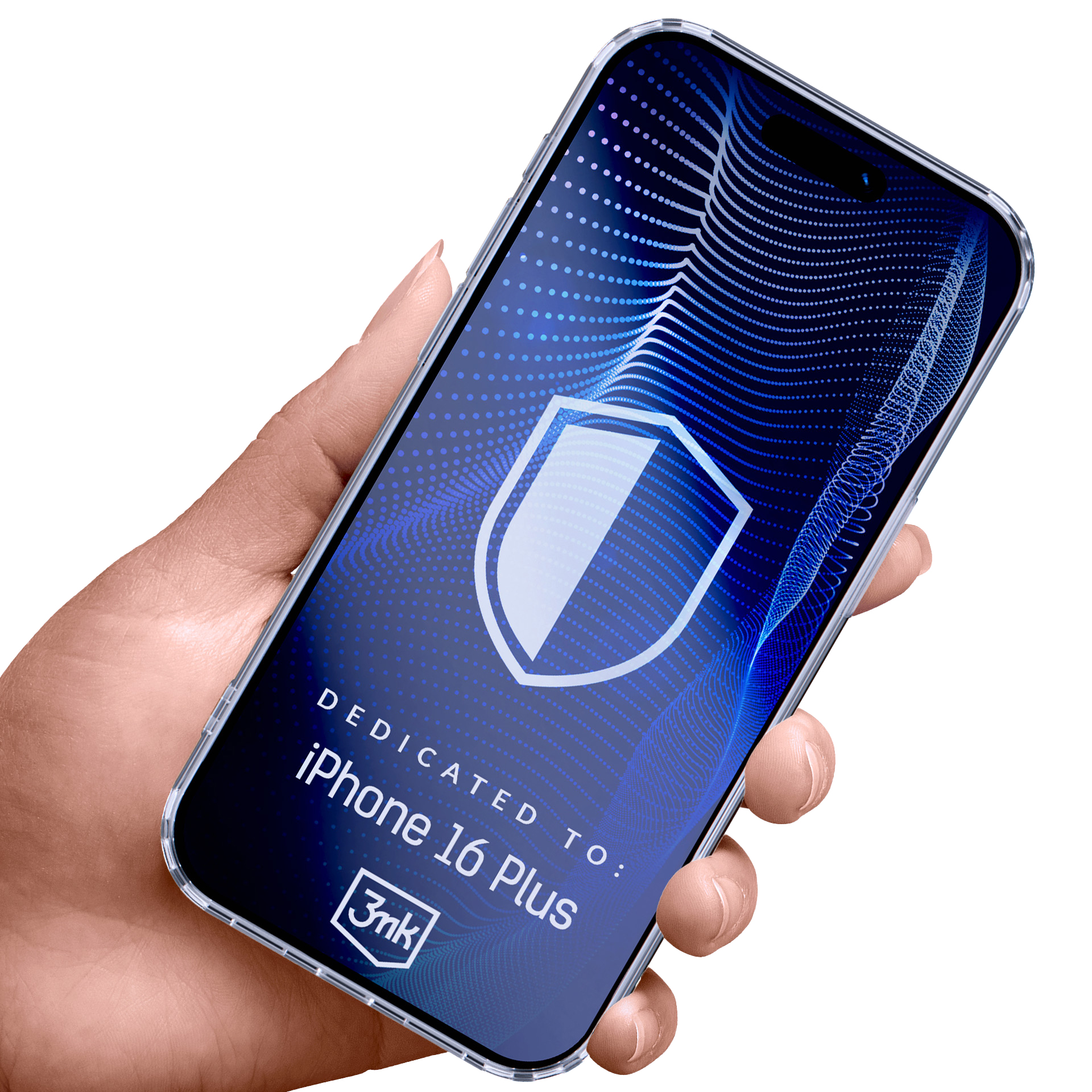 Mano che tiene un telefono con protezione schermo. Il telefono dice iPhone 16 Plus.