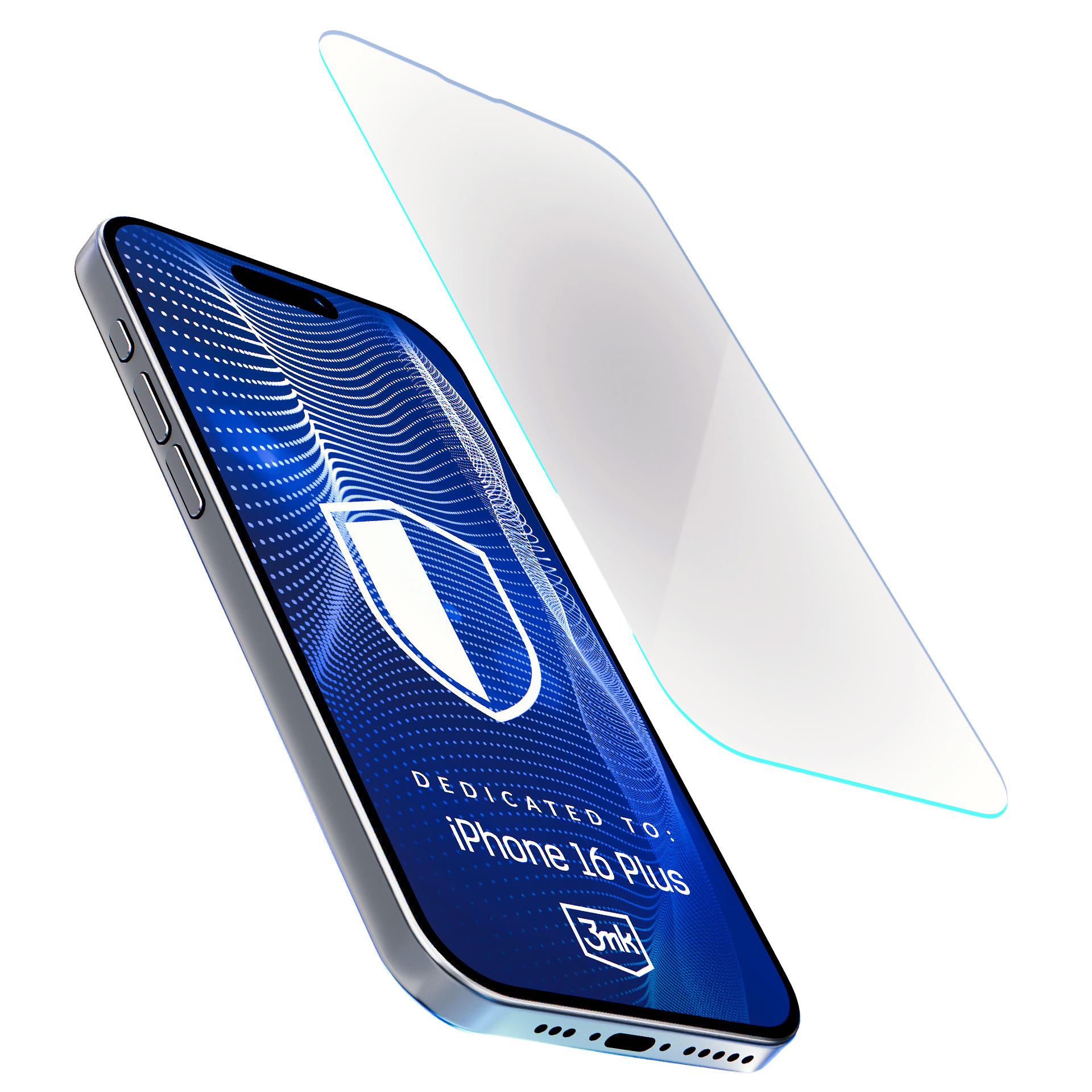 Telefono con protezione schermo. Il telefono dice iPhone 16 Plus. La protezione è trasparente.