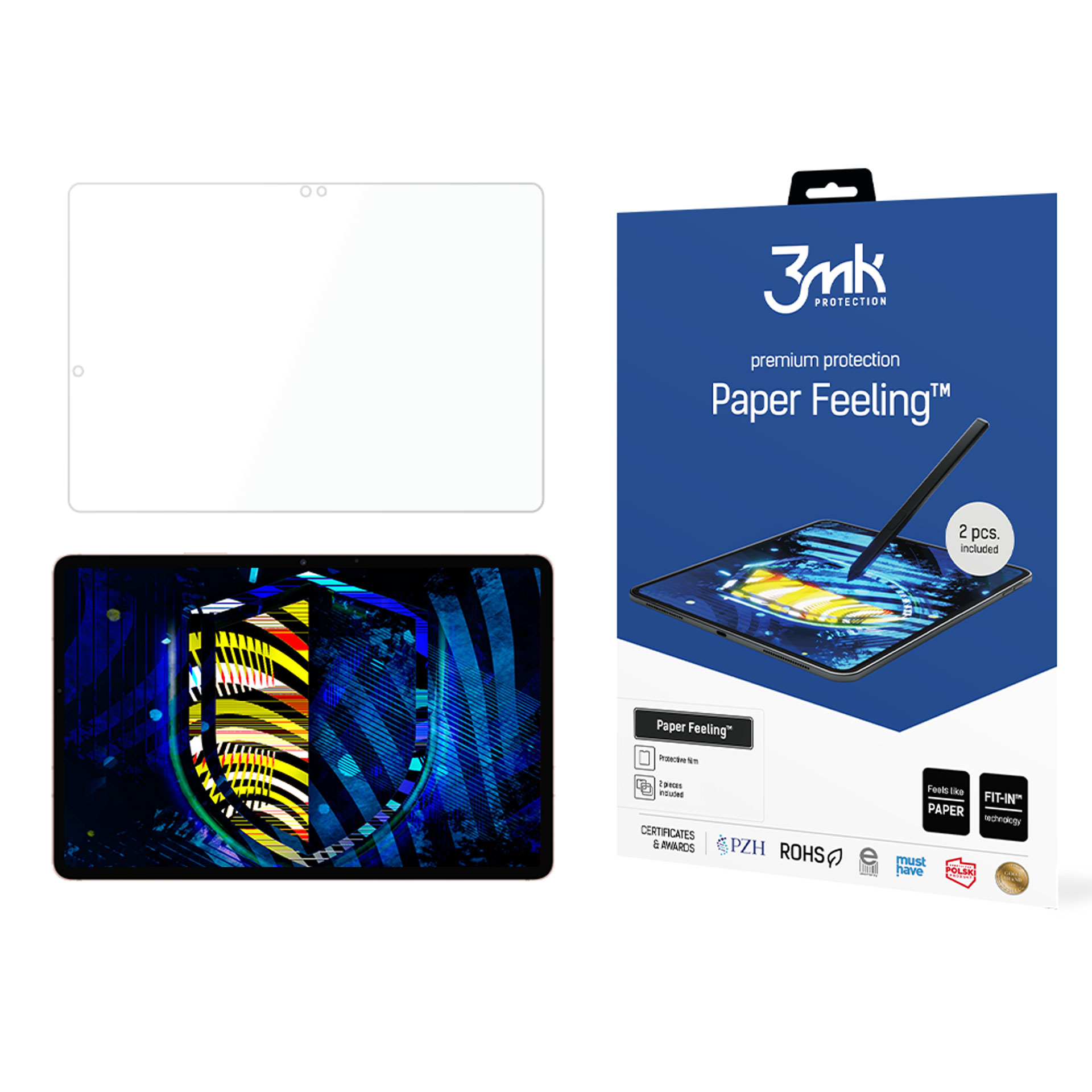 Das Bild zeigt einen 3mk Paper Feeling Displayschutz für ein Tablet, neben dem Tablet und der Verpackung.