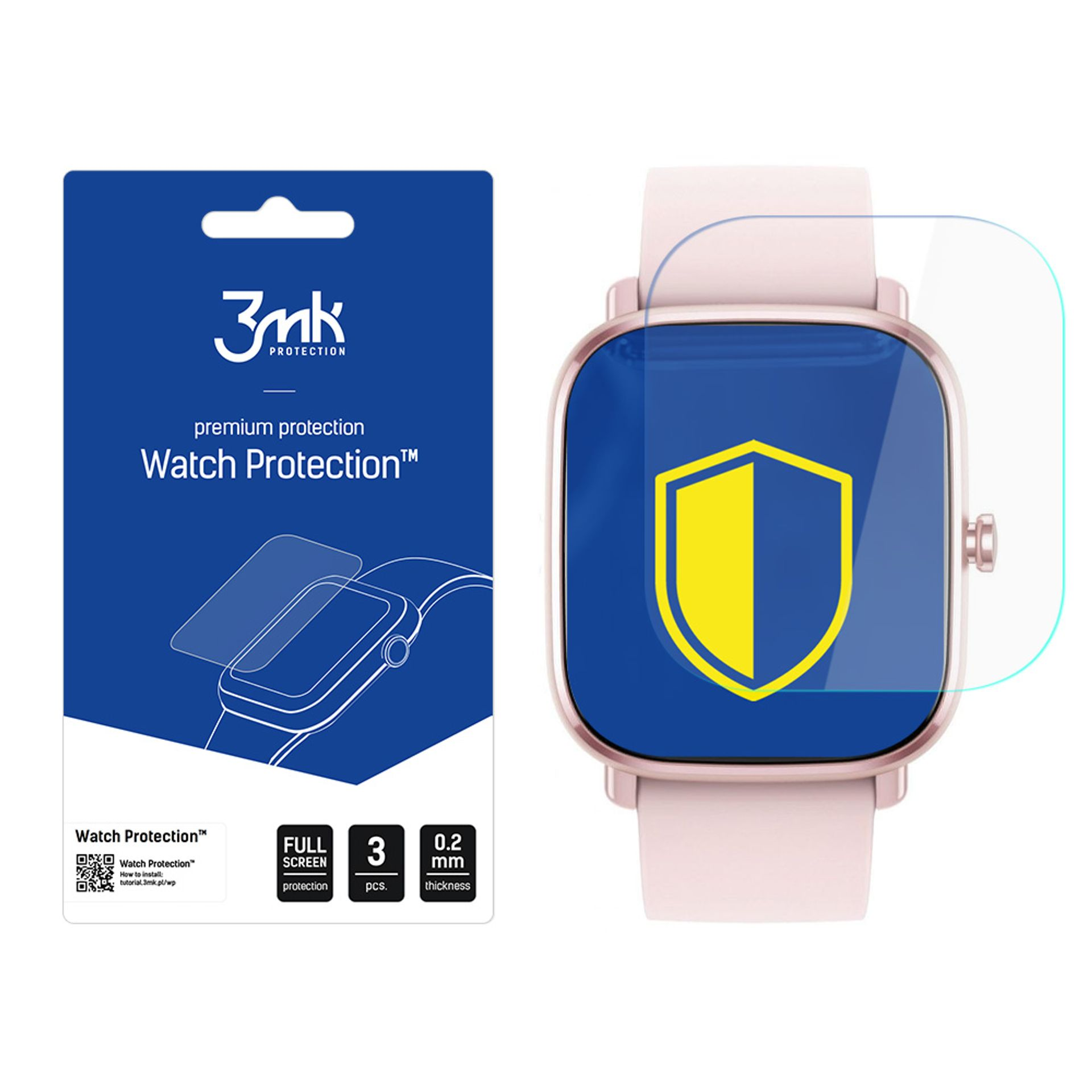 Obraz przedstawia folię ochronną 3mk Watch Protection na smartwatch, obok zegarka i opakowania.