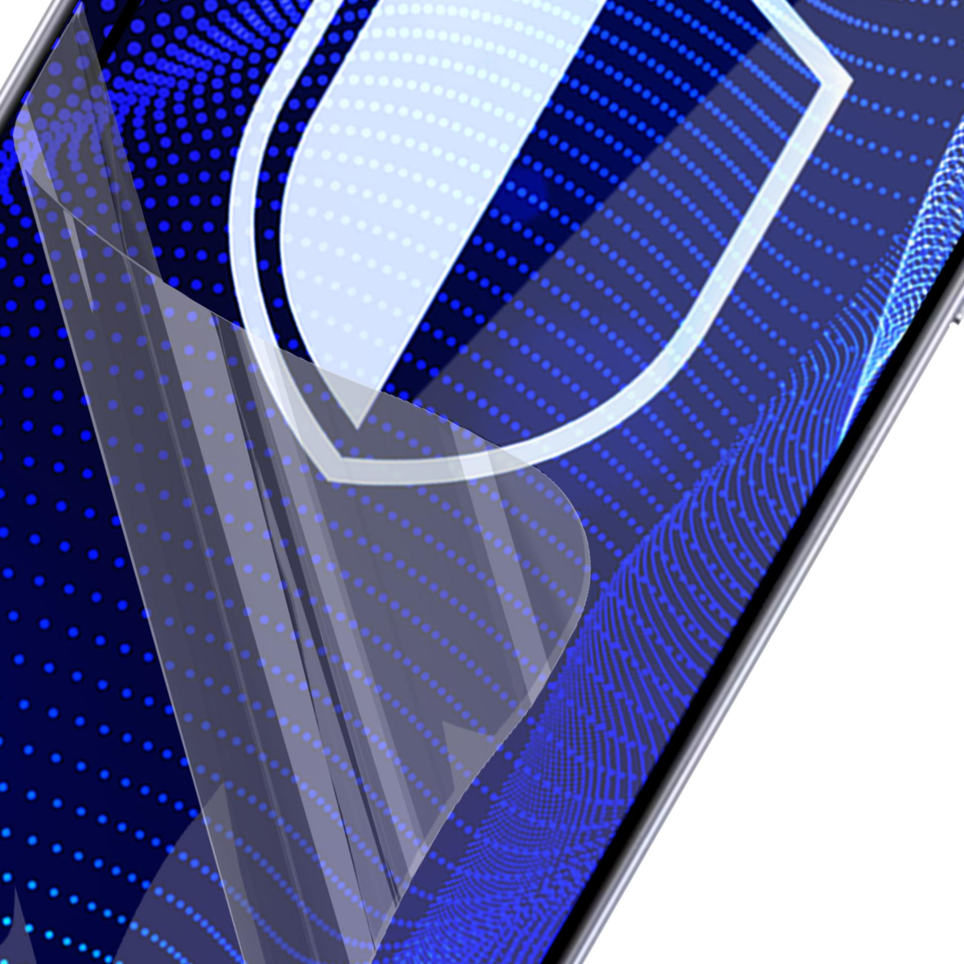Primo piano dello schermo di un telefono con una protezione per lo schermo in fase di applicazione, che mostra un design a scudo digitale.