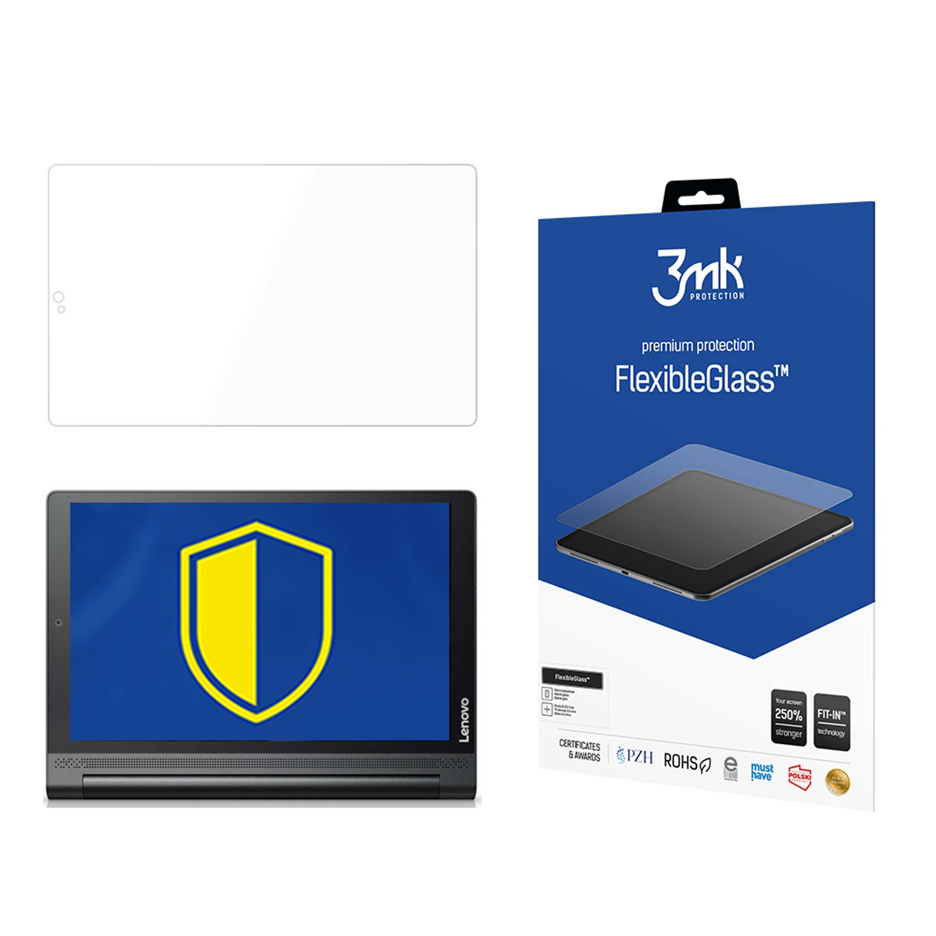 Tablet z obrazem tarczy na ekranie. Szkło ochronne i pudełko 'FlexibleGlass' po prawej. Widoczne logo Lenovo.