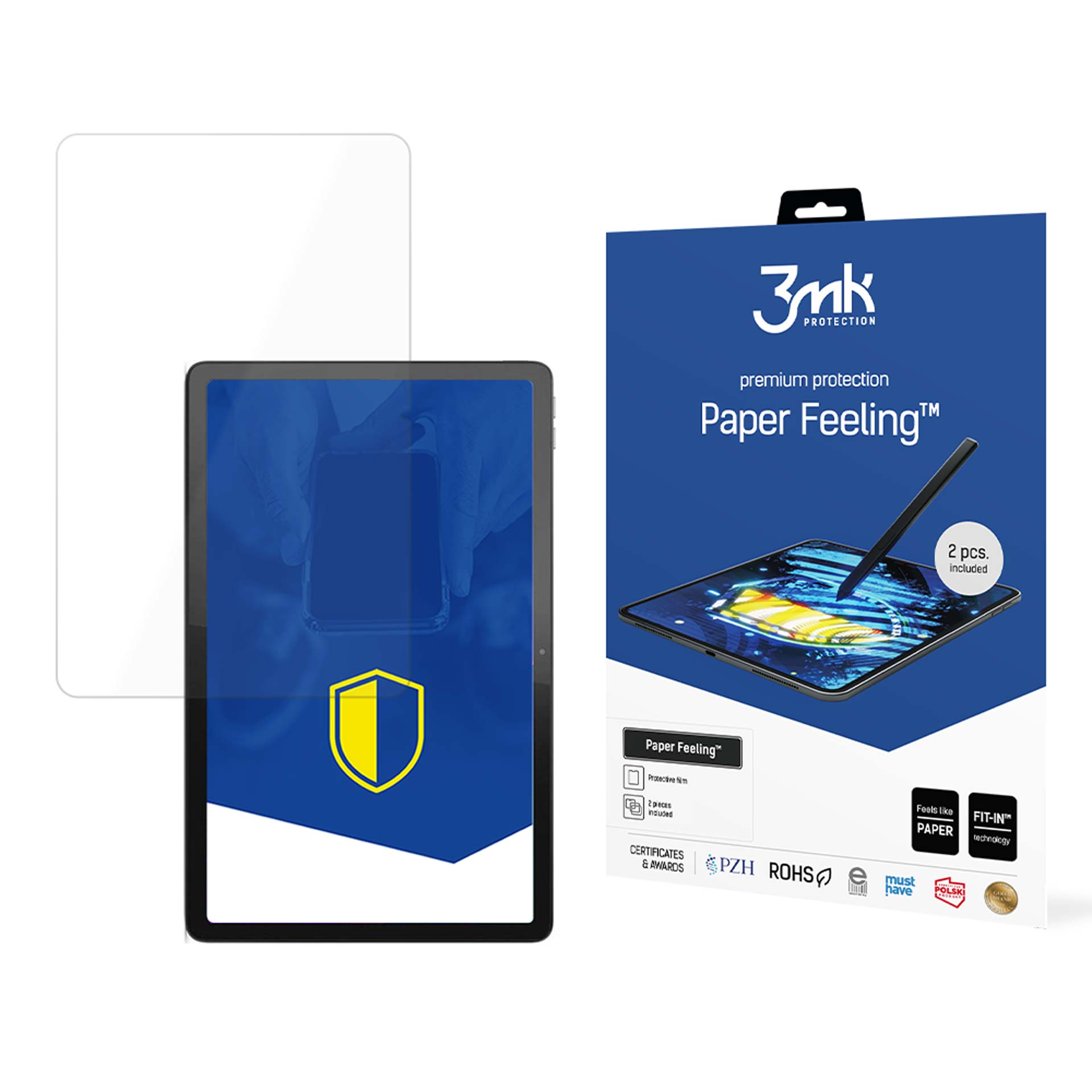 Tablet z ochraniaczem ekranu i pudełkiem. Tablet pokazuje tarczę. Pudełko mówi 'Paper Feeling' i '3mk PROTECTION'.