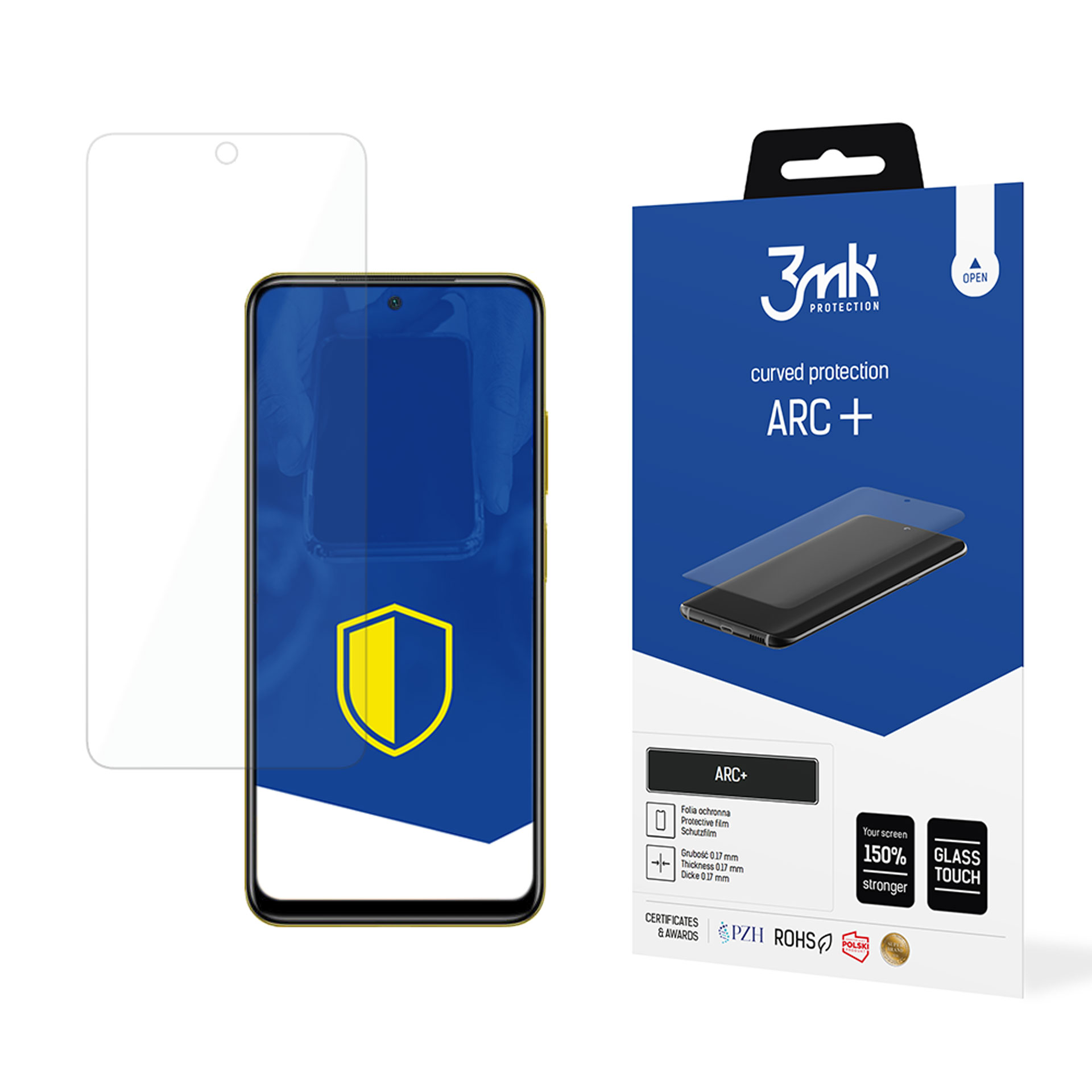 Smartfon z tarczą na ekranie, szkło ochronne i pudełko. Pudełko mówi 'ARC +' i '3mk'. Ekran jest zakrzywiony.