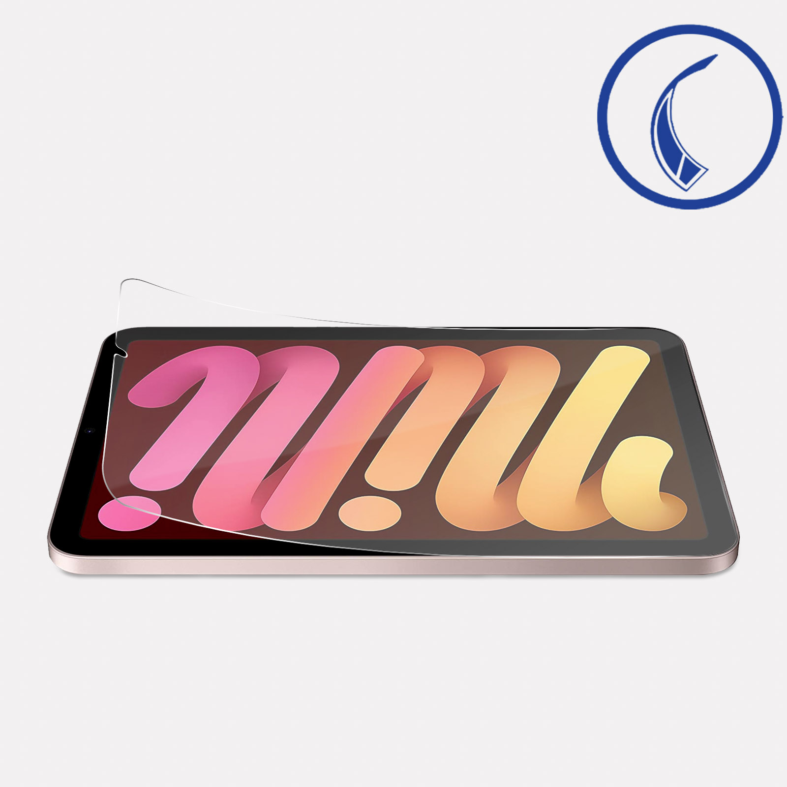Tablet con protezione schermo. Lo schermo mostra un'immagine colorata. C'è un logo circolare blu in alto.