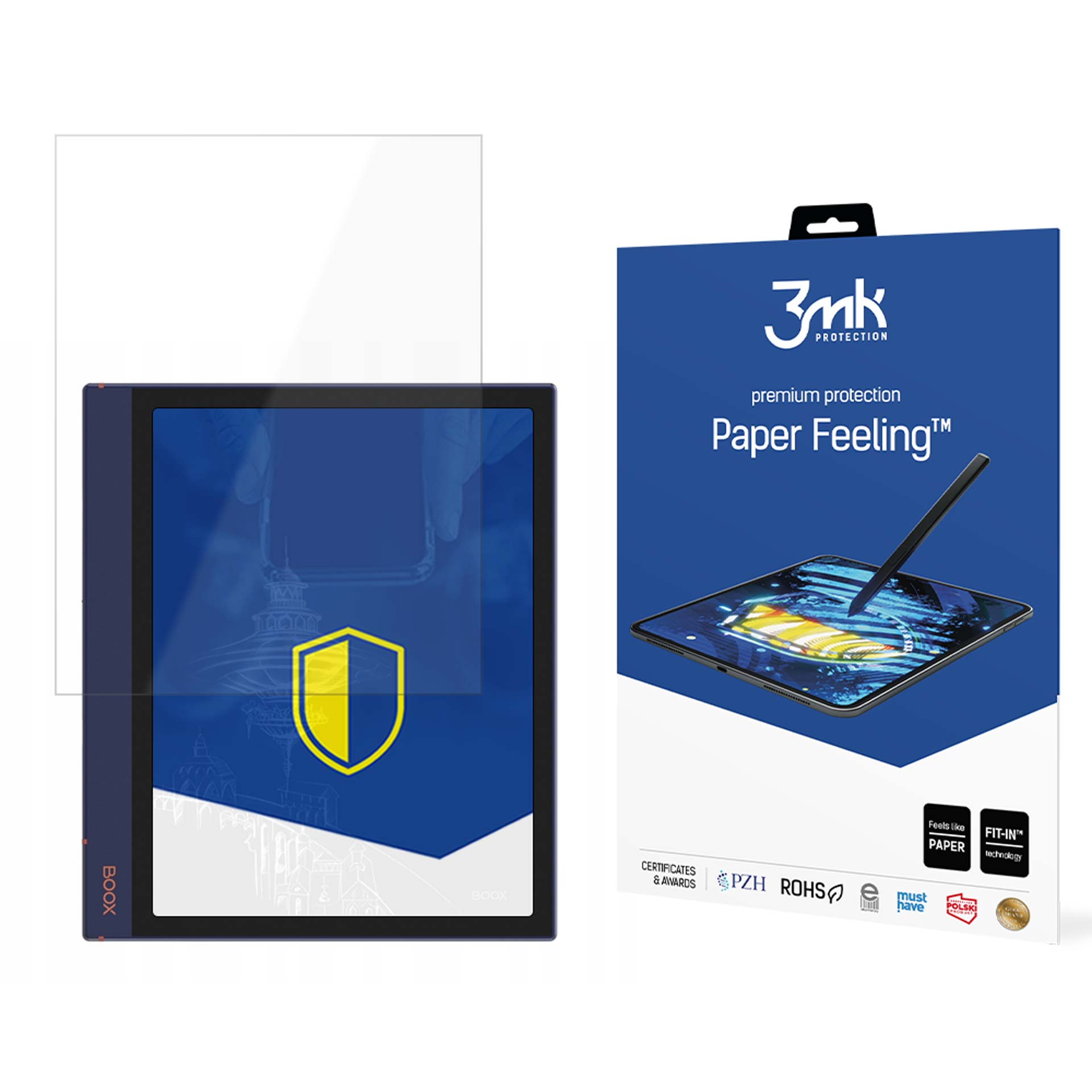 Tablet e una scatola. Il tablet ha una protezione per lo schermo, mentre sulla scatola c'è scritto Paper Feeling.