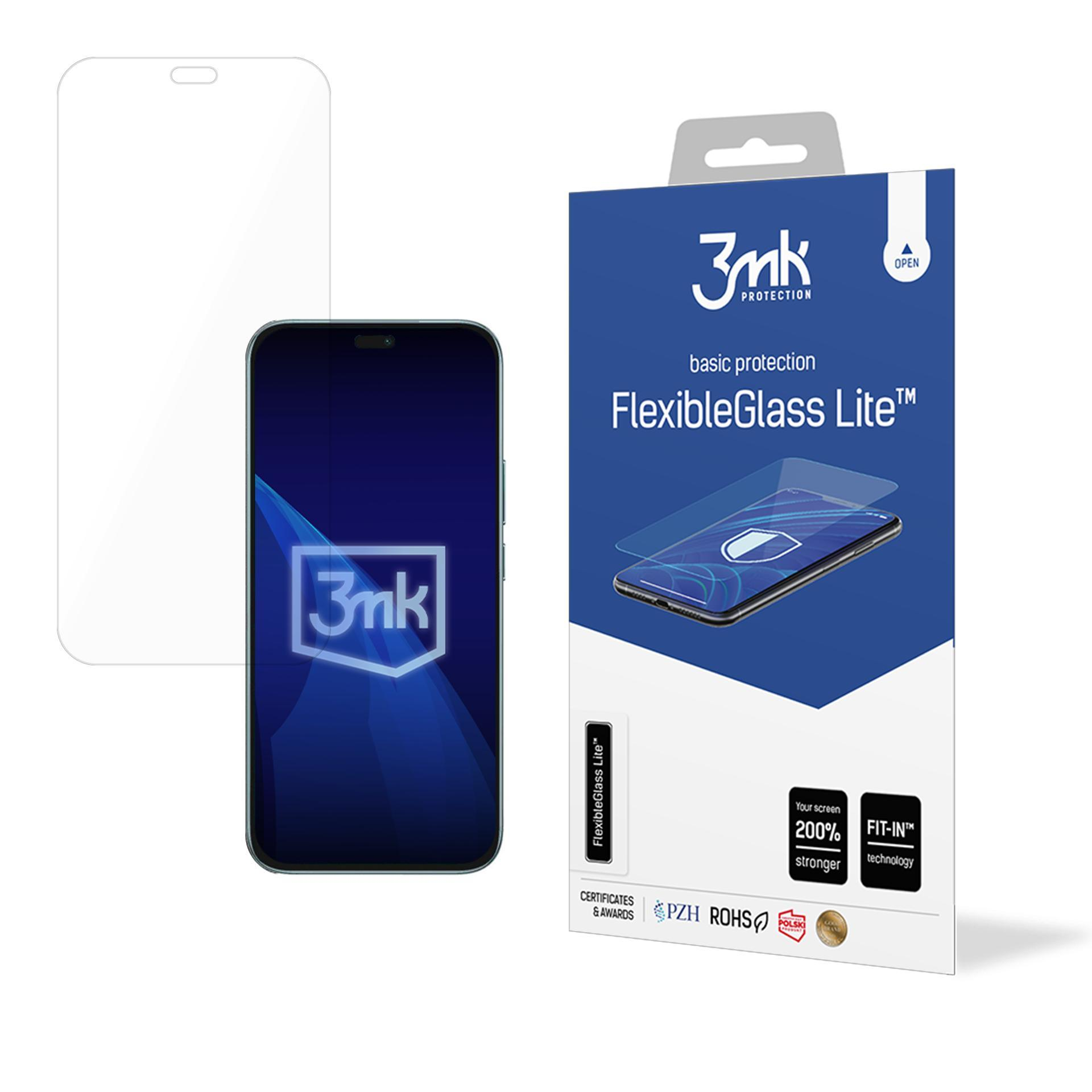 Telefono con protezione schermo e una scatola. Il telefono ha un logo 3mk. La scatola dice FlexibleGlass Lite.