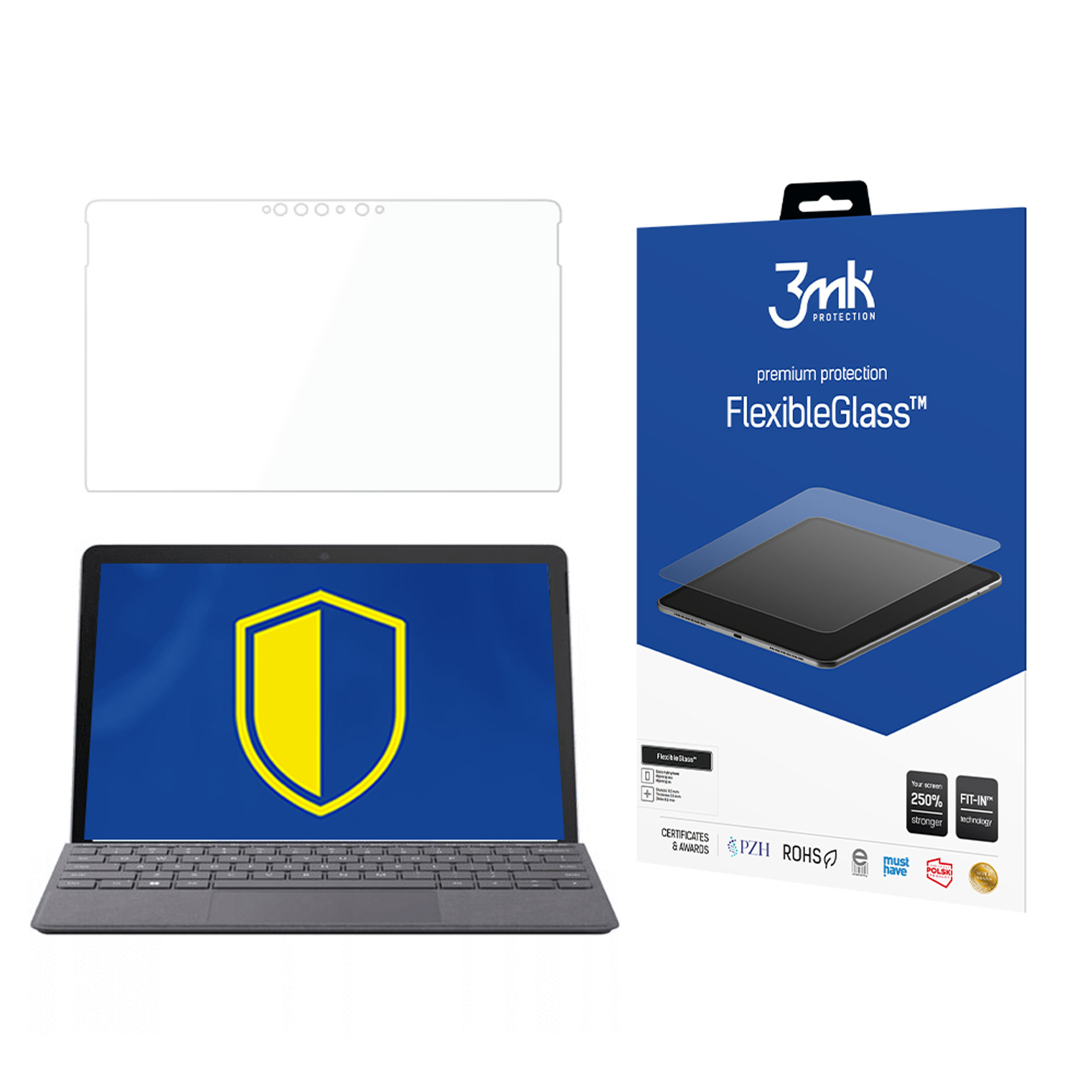 Tablet z ochraniaczem ekranu i pudełkiem. Logo tarczy na ekranie. Białe tło.