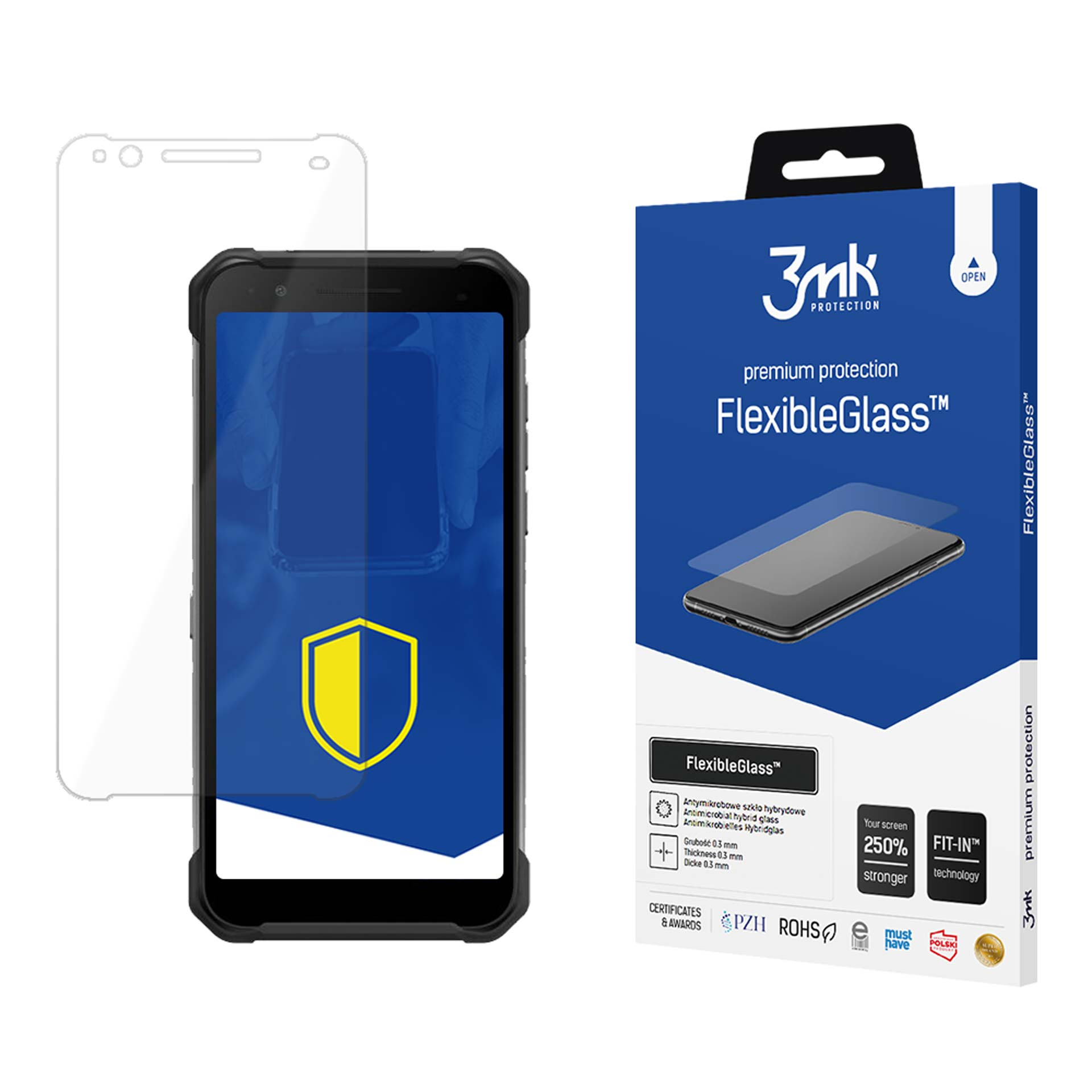 Smartphone con protezione schermo e scatola del prodotto. Logo scudo sullo schermo del telefono.