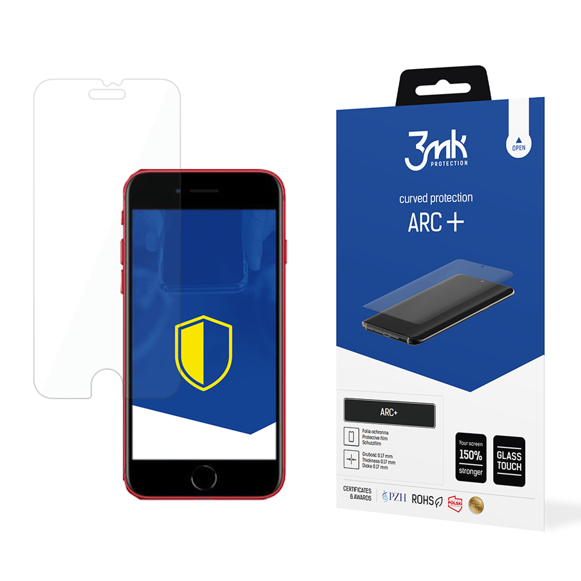 Smartphone con protezione schermo e scatola del prodotto. Logo scudo sullo schermo del telefono.