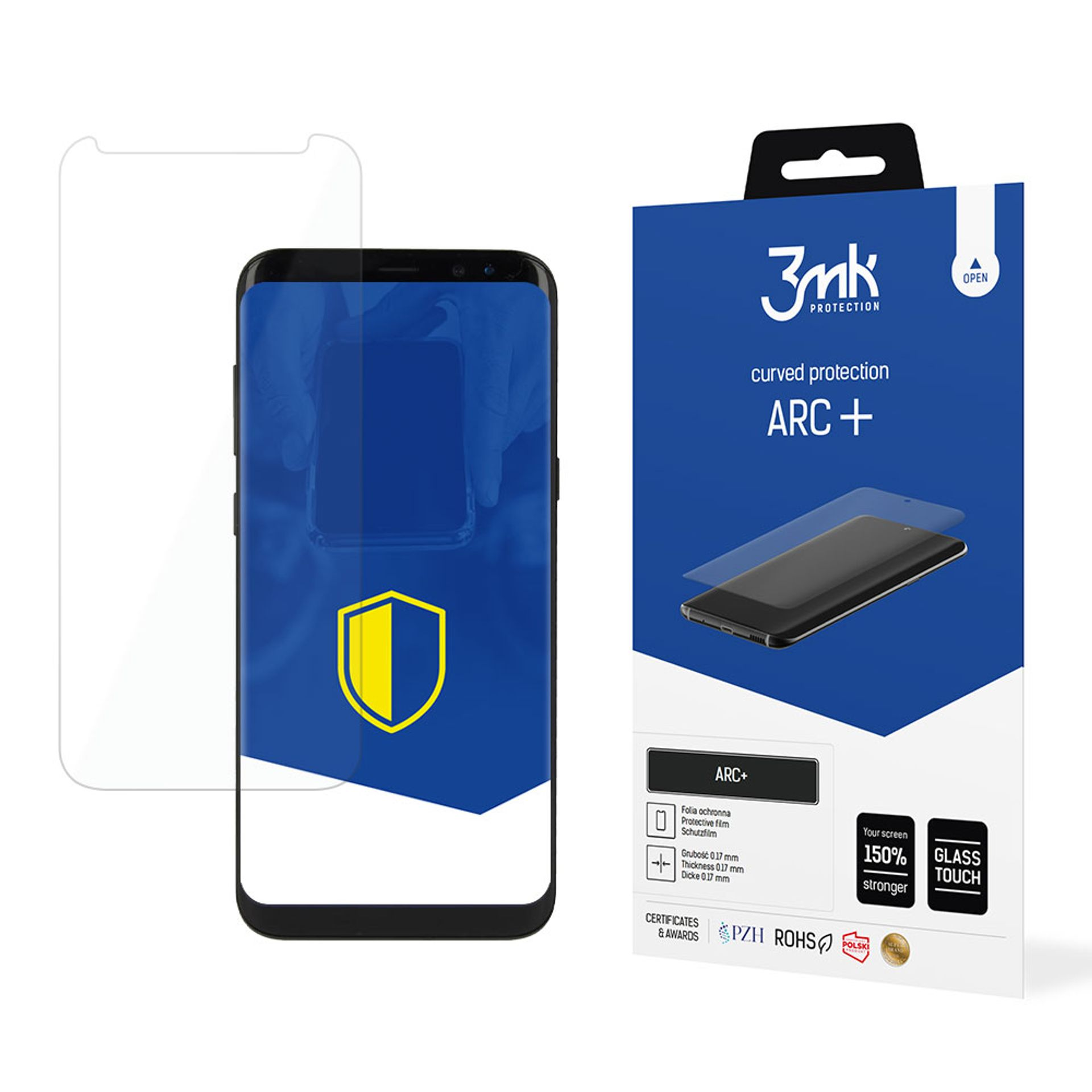 Smartphone con protezione schermo e scatola del prodotto. Logo scudo sullo schermo del telefono.