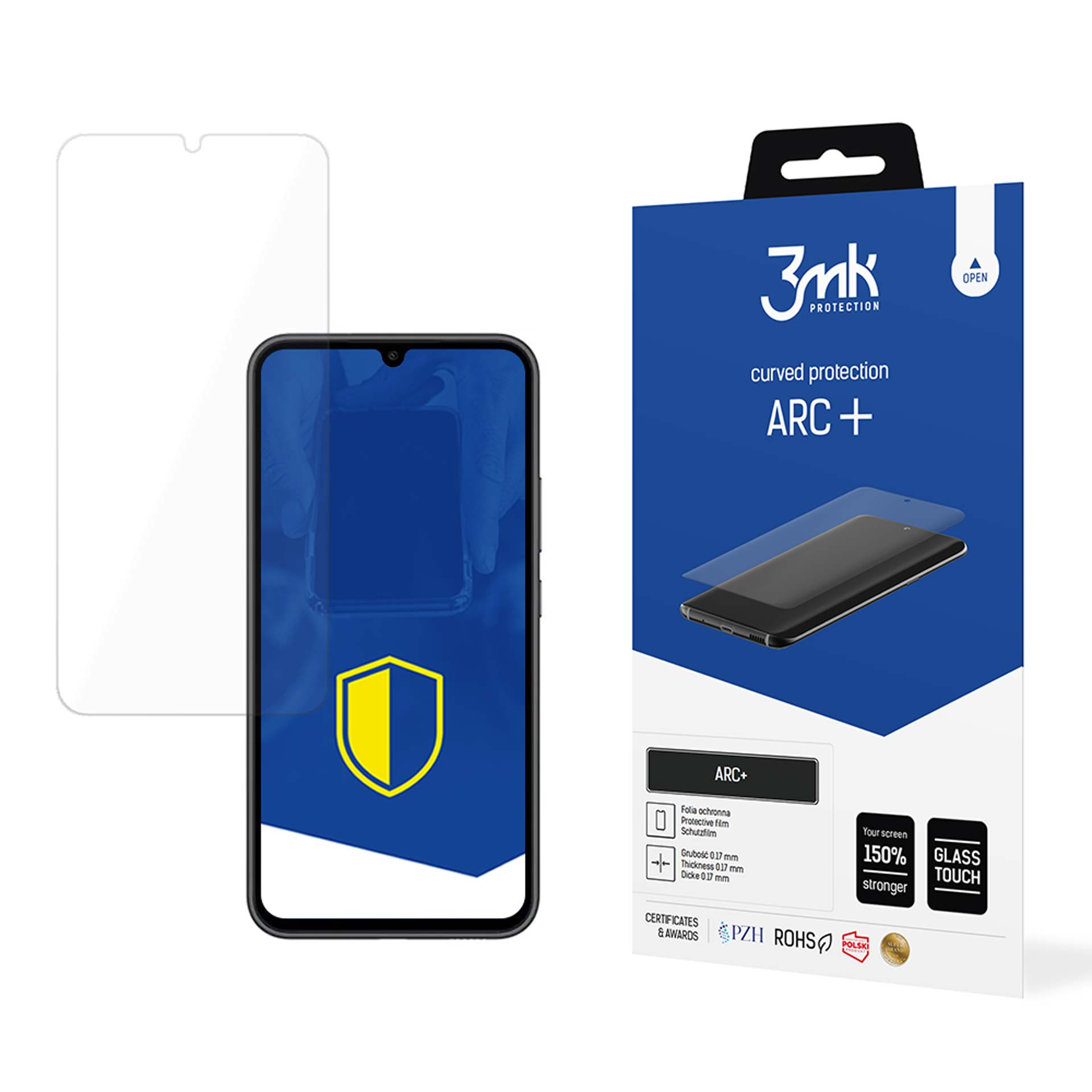 Smartphone con protezione schermo e scatola del prodotto. Logo scudo sullo schermo del telefono.