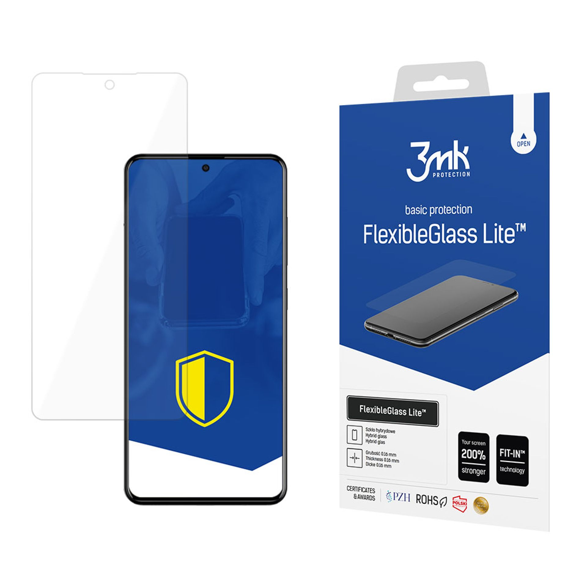 Telefono con protezione schermo, accanto alla confezione. La confezione è blu e bianca.