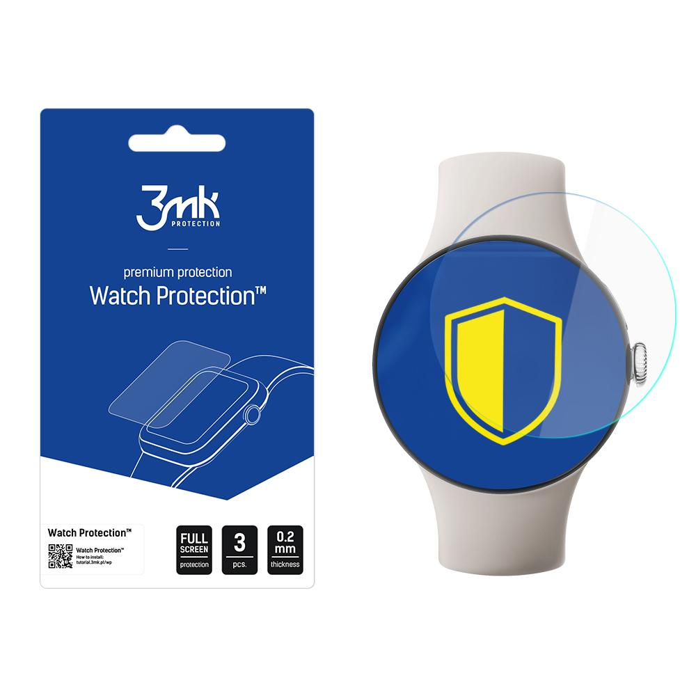 Smartwatch con protezione schermo e confezione del prodotto. Logo scudo blu sull'orologio.