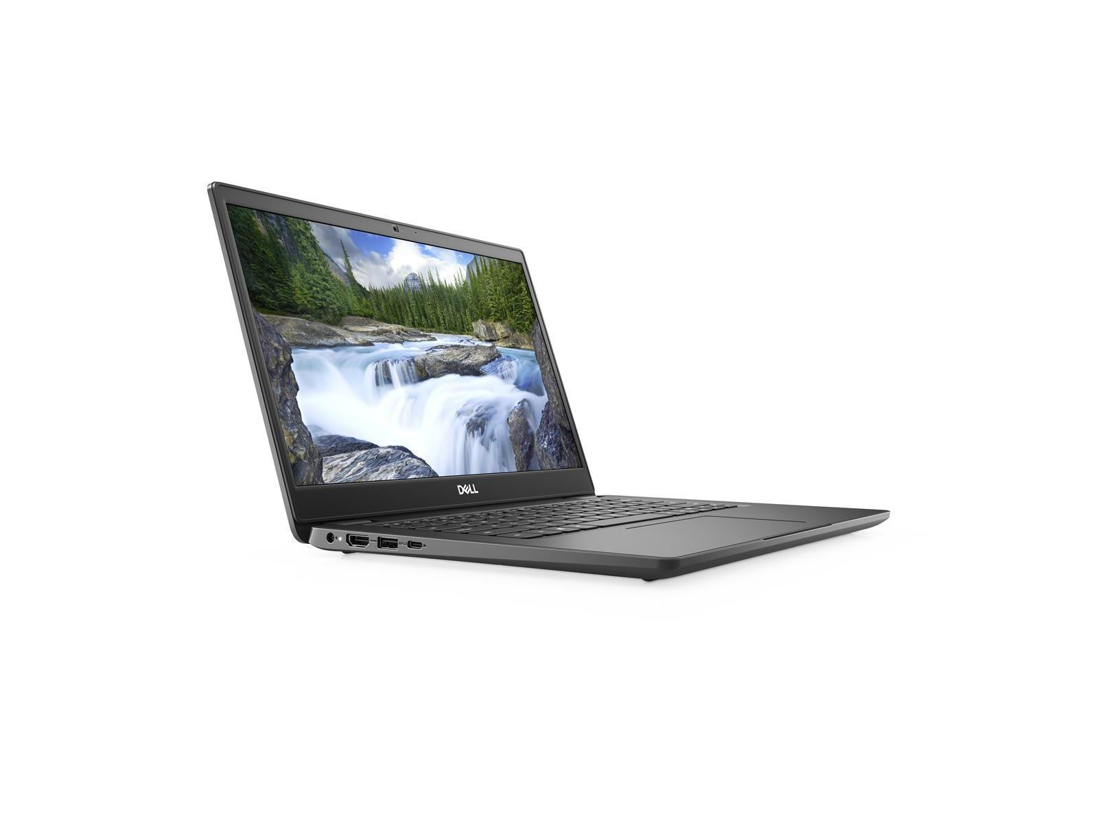 Laptop auf weißem Hintergrund. Bildschirm zeigt Wasserfall. Seitenansicht. Schwarze Farbe.