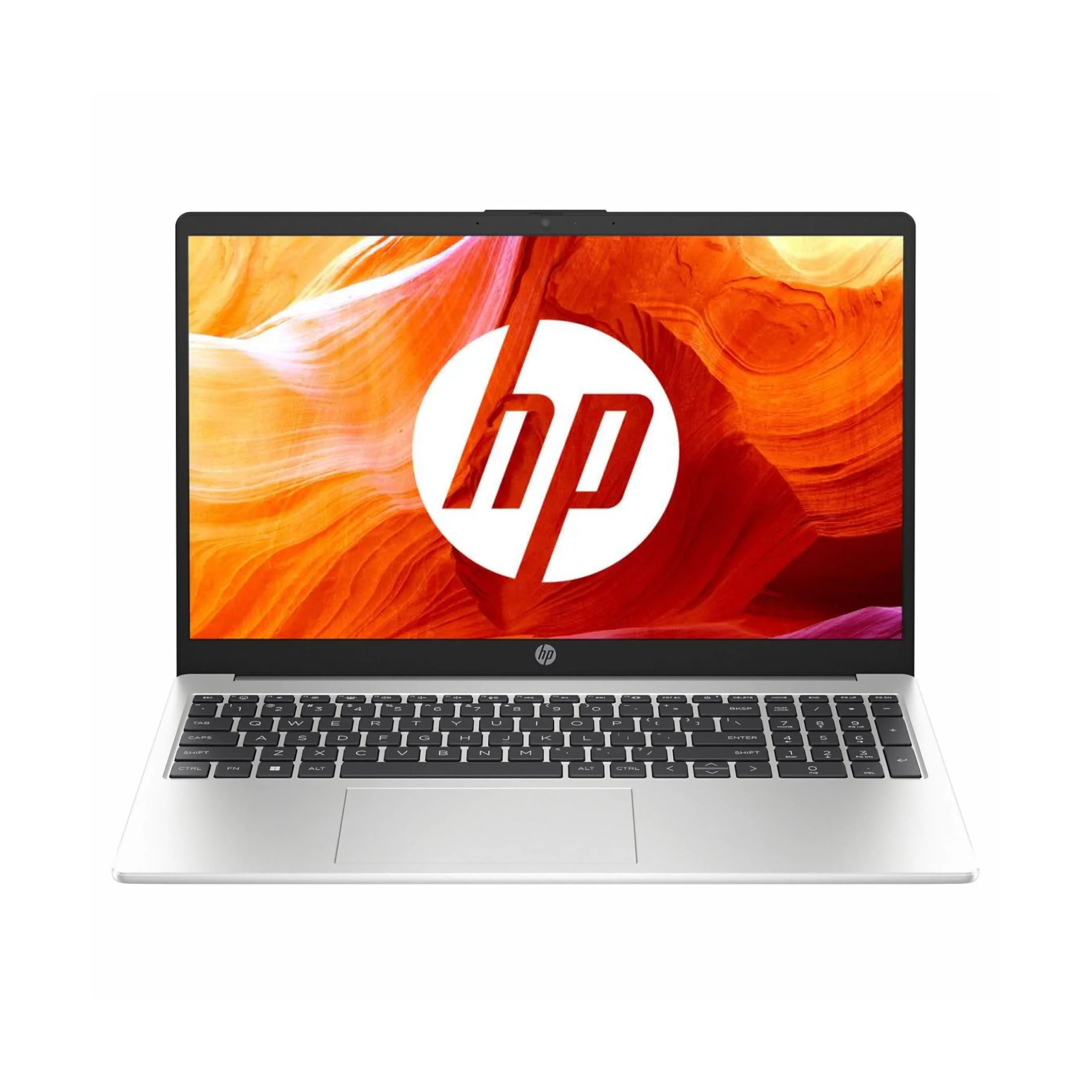 Laptop mit HP-Logo auf dem Bildschirm. Der Hintergrund des Bildschirms ist orange.