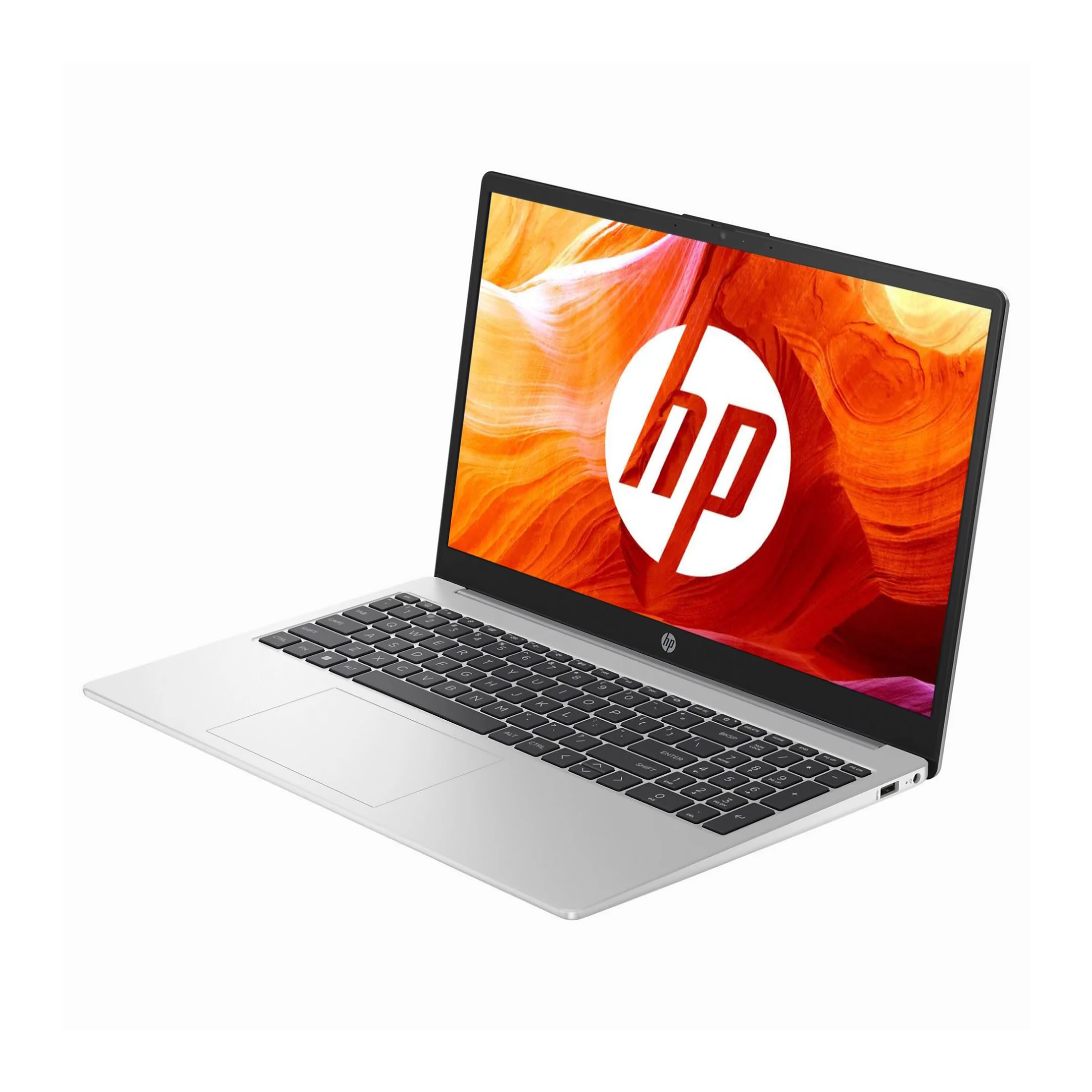 Silberner HP-Laptop offen, Bildschirm zeigt abstraktes orange-rotes Design, Tastatur sichtbar.