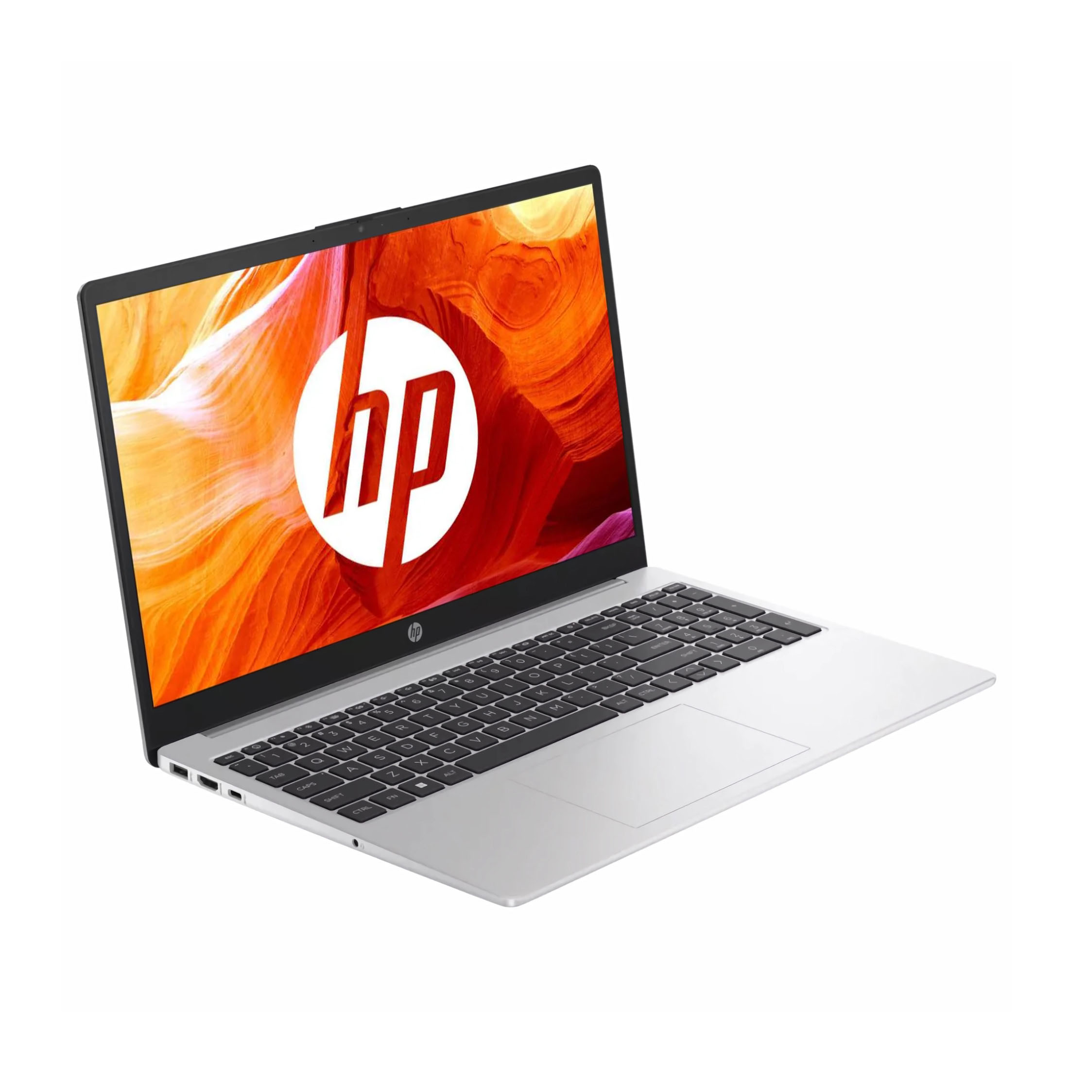 Laptop con il logo HP sullo schermo. Lo sfondo è arancione e rosso.