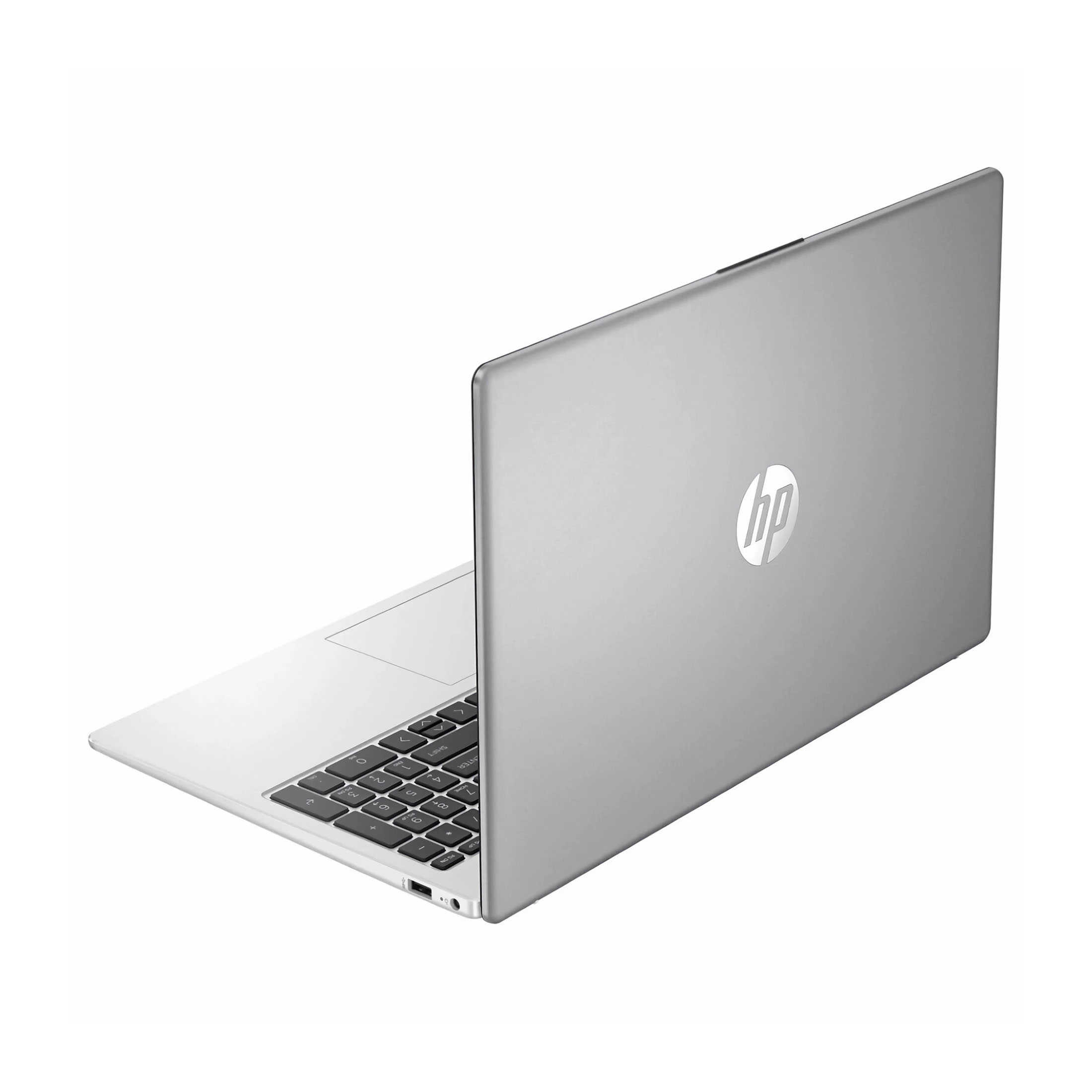 Laptop argentato con logo HP sul retro, leggermente angolato, tastiera visibile.