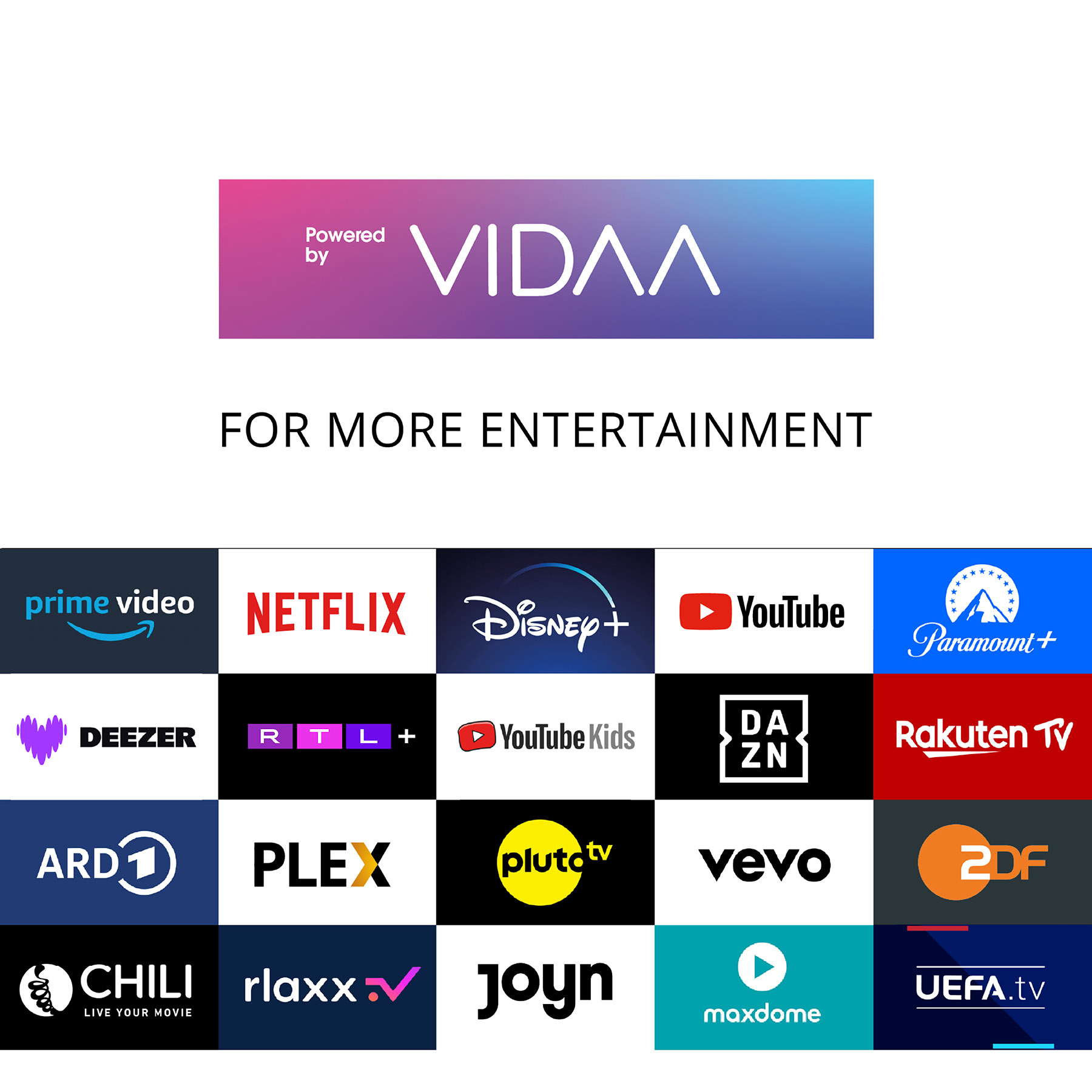 TV-Bildschirm mit Logos von Streaming-Diensten, Text: 'FOR MORE ENTERTAINMENT' und 'VIDAA'-Logo.
