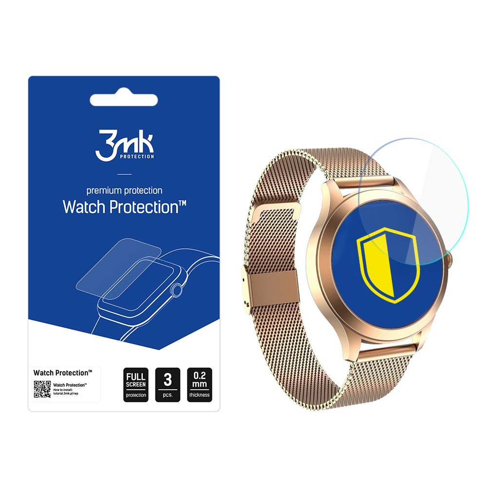 Uno smartwatch con protezione schermo e una confezione del prodotto sul lato sinistro.