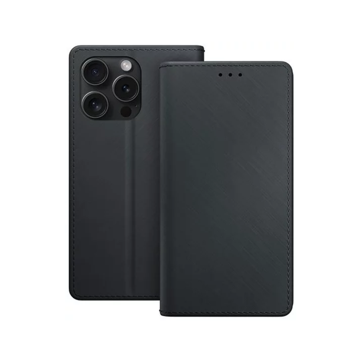 Due custodie nere per telefono, una aperta che mostra un telefono con un rilievo della fotocamera e l'altra chiusa.