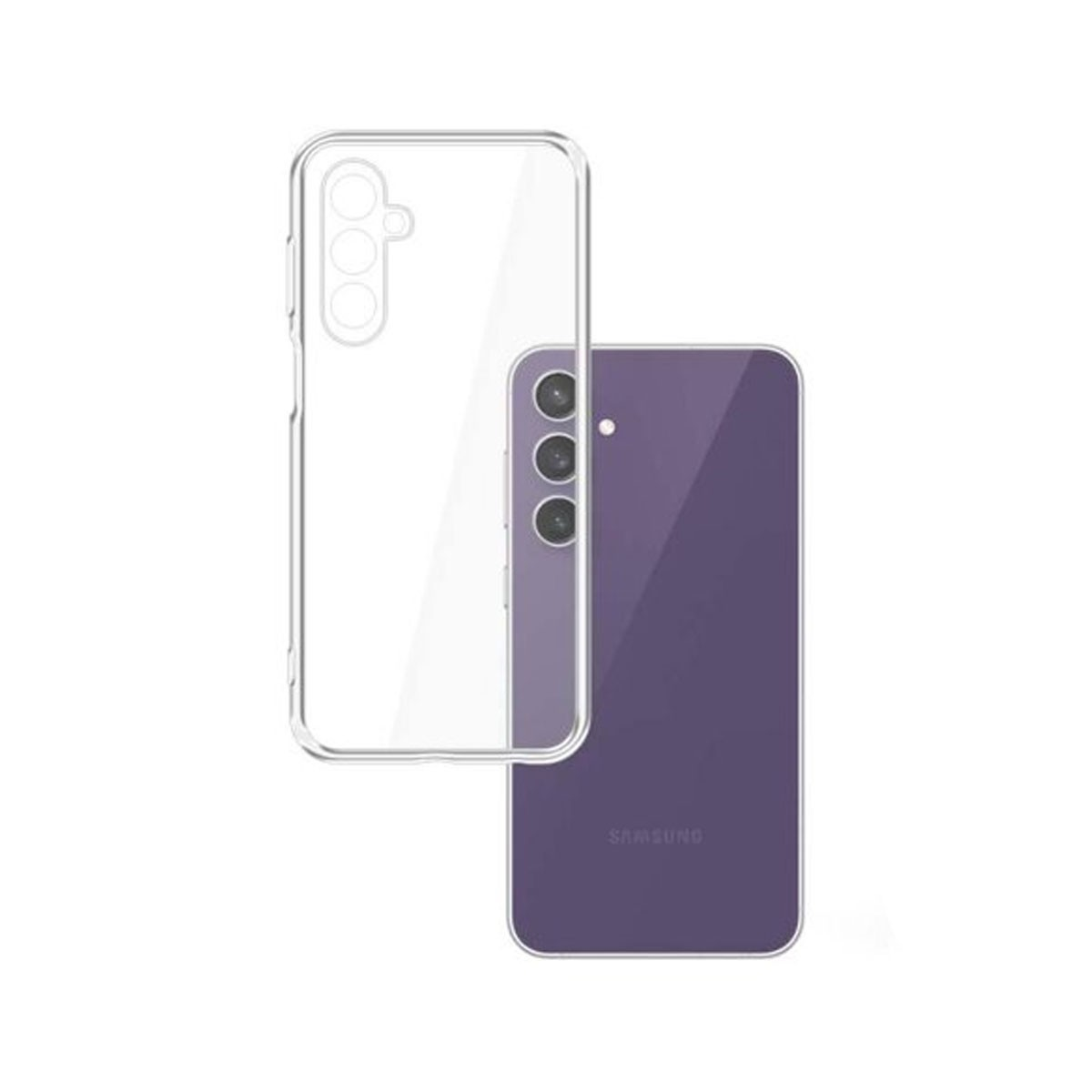 Custodia trasparente e telefono viola, custodia sopra, telefono su sfondo bianco.