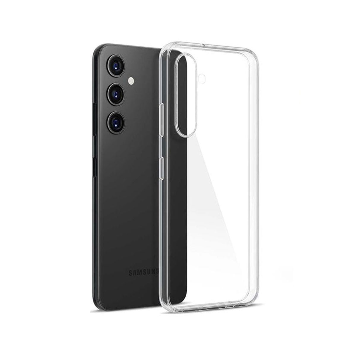 Un telefono e una custodia trasparente. Il telefono è nero, la custodia è sovrapposta a destra.