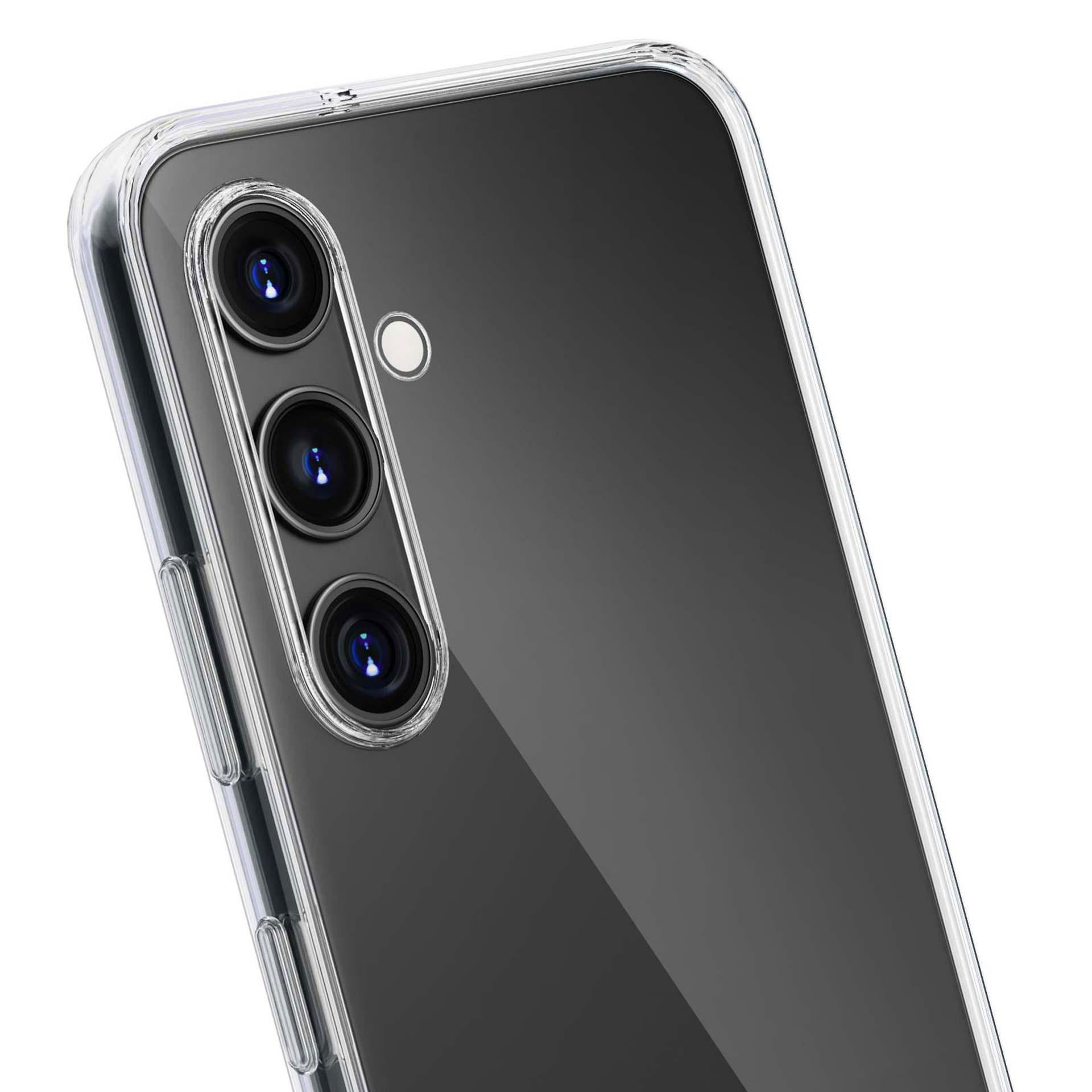 Un telefono con una custodia trasparente. Il telefono è nero e la custodia è sul telefono.