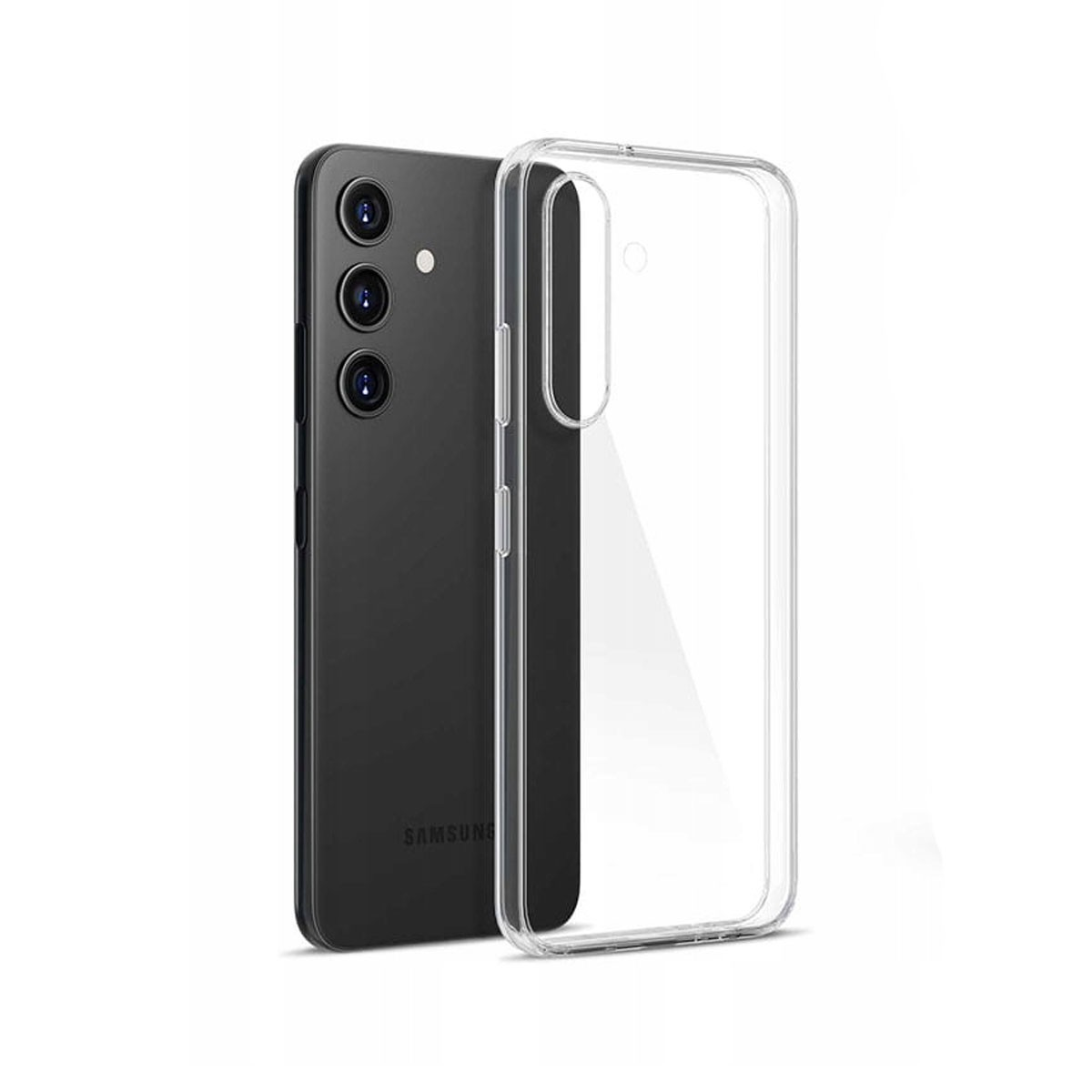 Un telefono e una custodia trasparente. Il telefono è nero, la custodia è sovrapposta a destra.