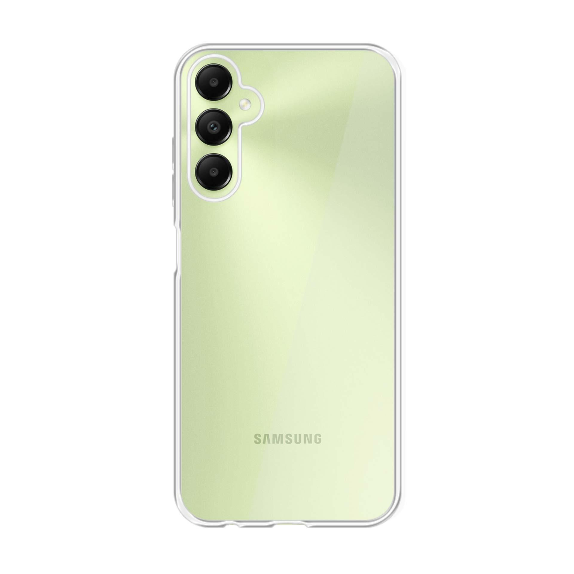 Un telefono verde con una custodia trasparente. Il telefono è accanto alla custodia.