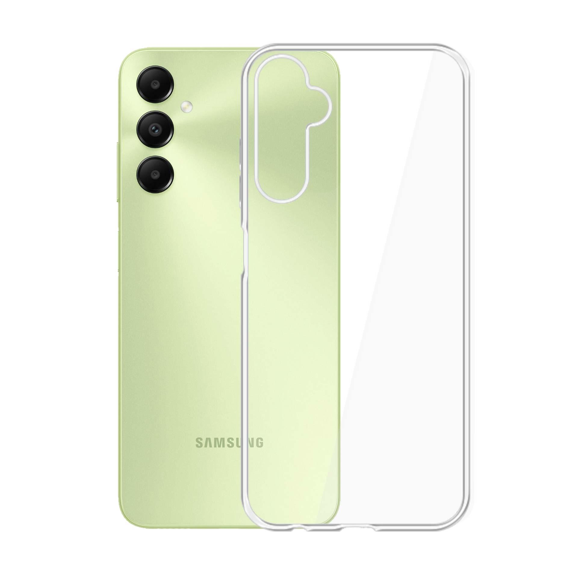 Un telefono verde con una custodia trasparente. Il telefono è accanto alla custodia.