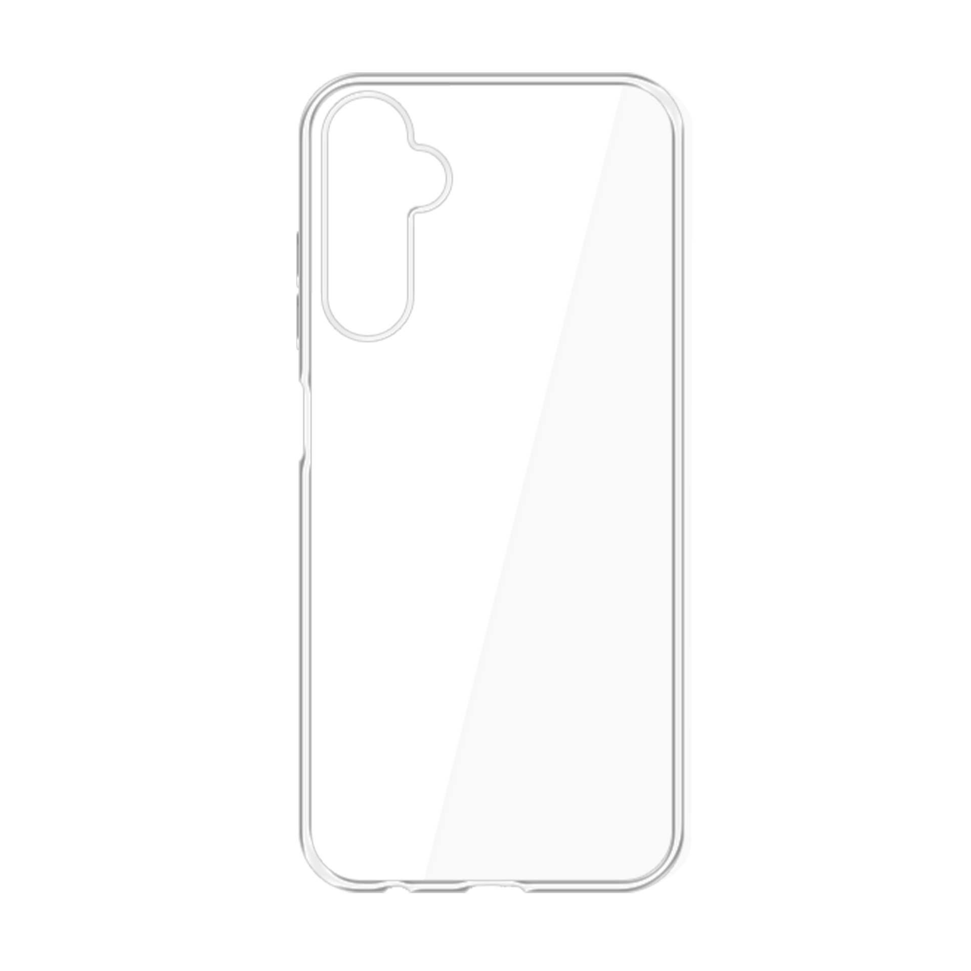 Custodia trasparente per telefono su sfondo bianco. È una custodia in plastica trasparente con un ritaglio per la fotocamera.