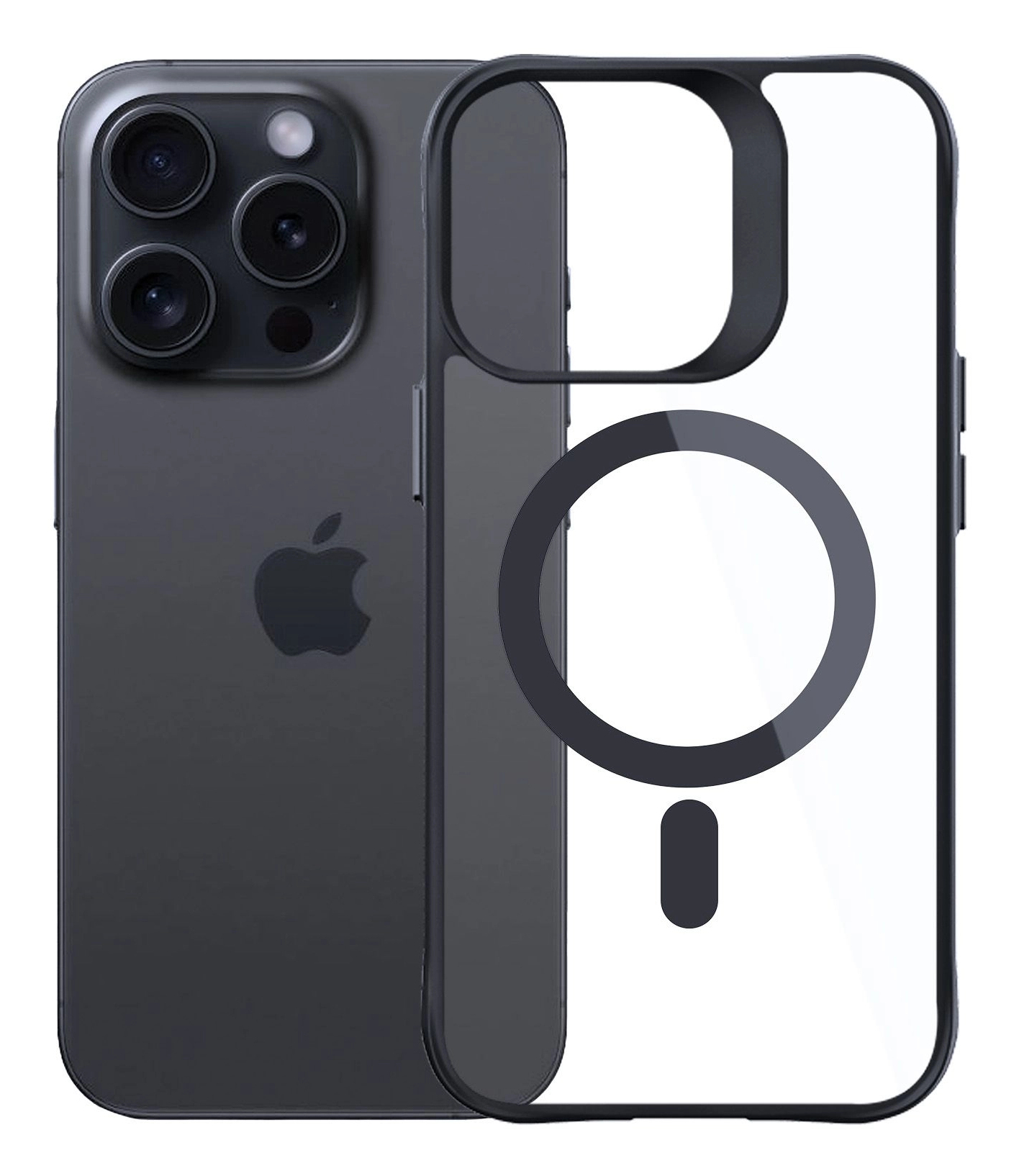 Czarny iPhone z przezroczystym etui. Etui ma czarną obwódkę i okrągły wzór z tyłu.