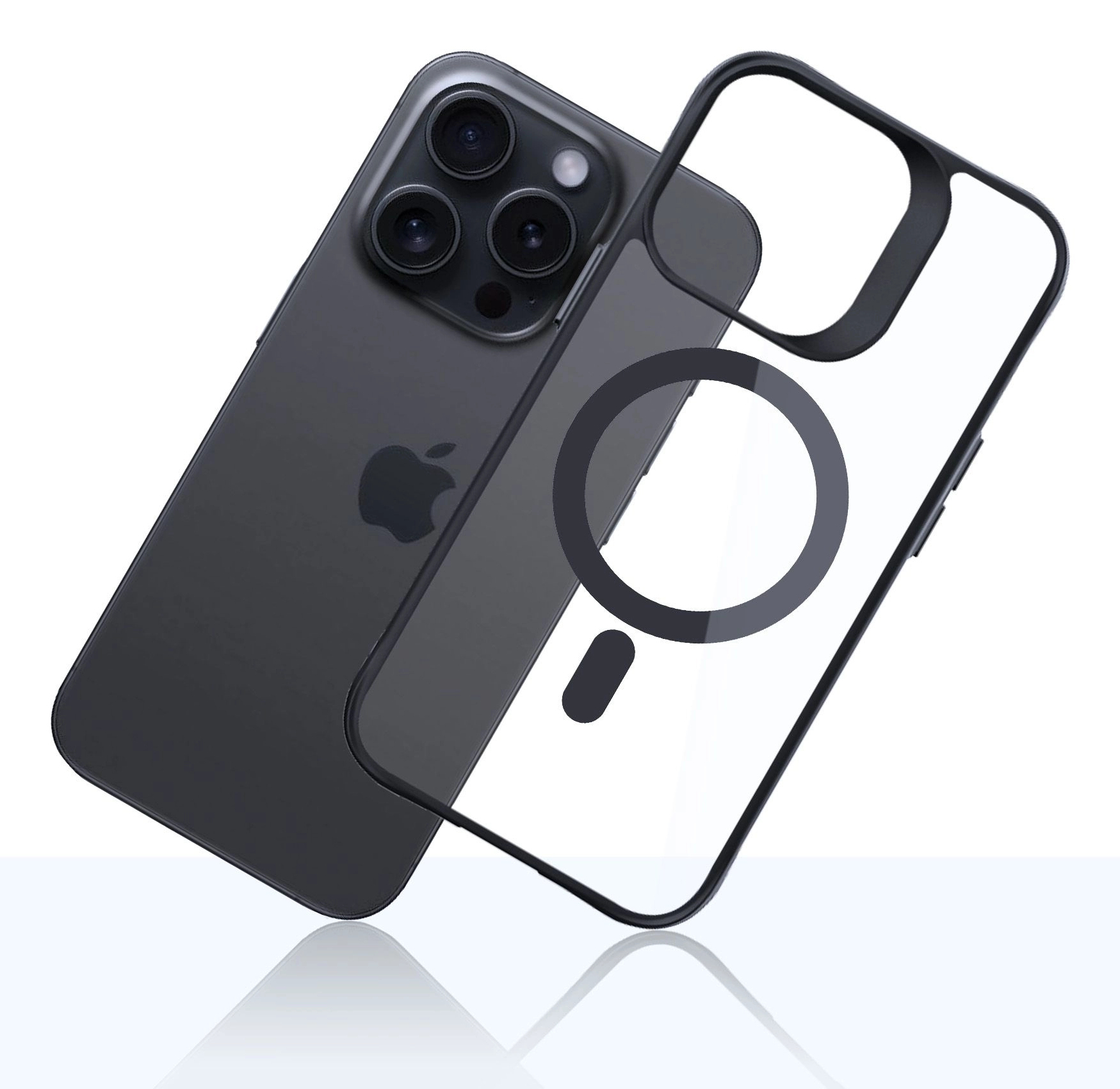 Czarny iPhone z przezroczystym etui. Etui ma czarną obwódkę i okrągły wzór z tyłu.