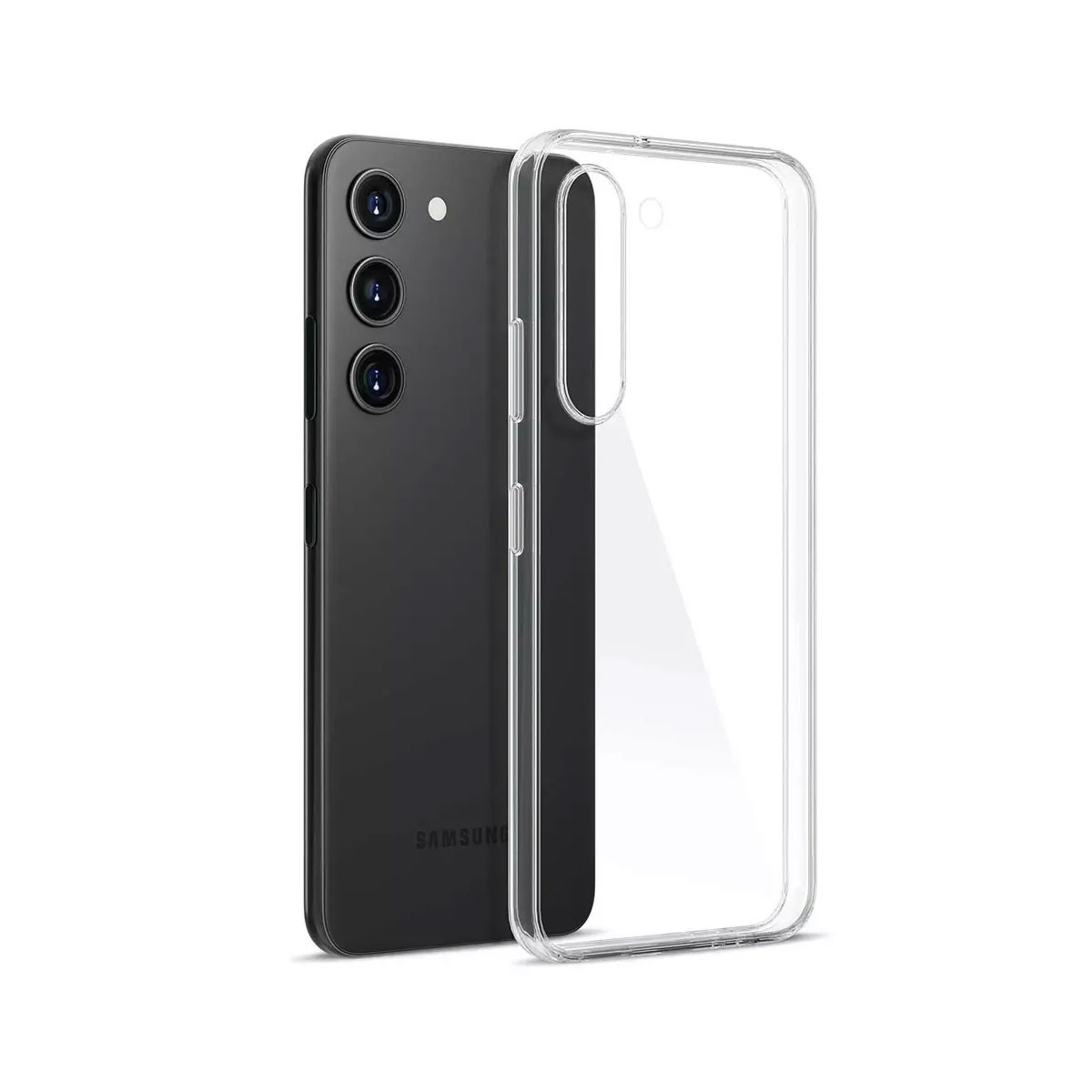 Telefono nero con tre fotocamere, accanto a una custodia trasparente, su sfondo bianco.