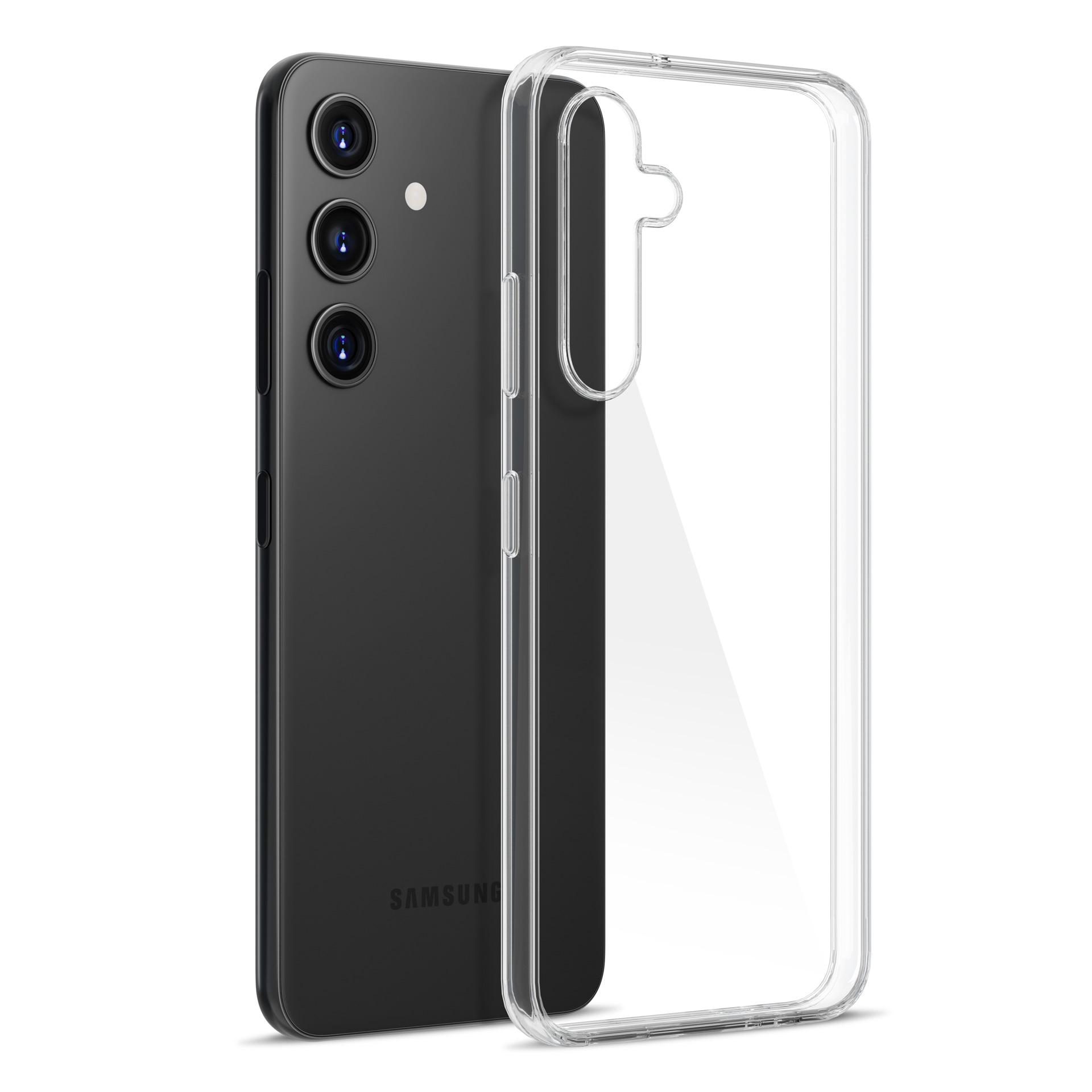 Telefono nero con tre fotocamere accanto a una custodia trasparente su sfondo bianco.