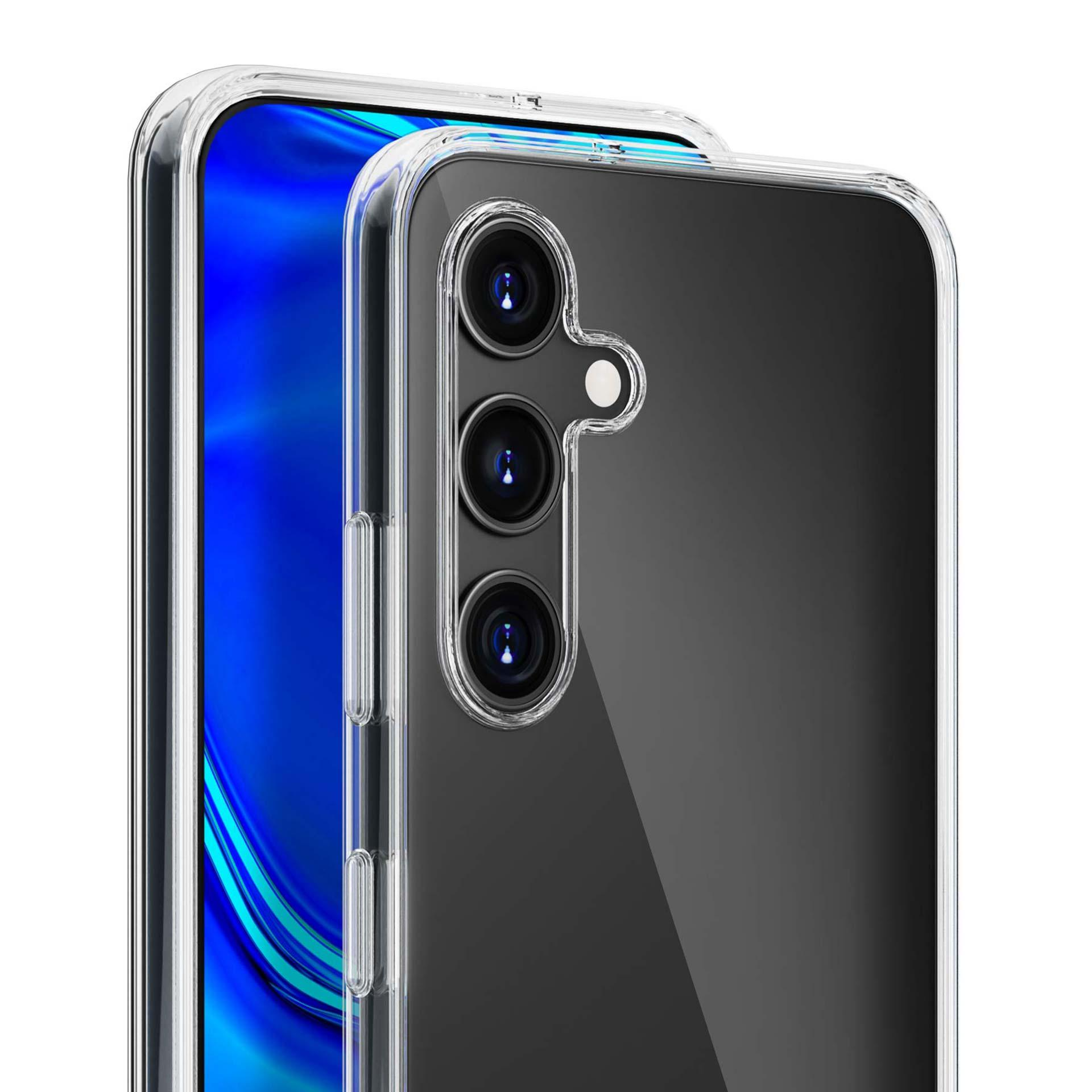 Primo piano di un telefono con tre fotocamere all'interno di una custodia trasparente, con uno sfondo blu sullo schermo.