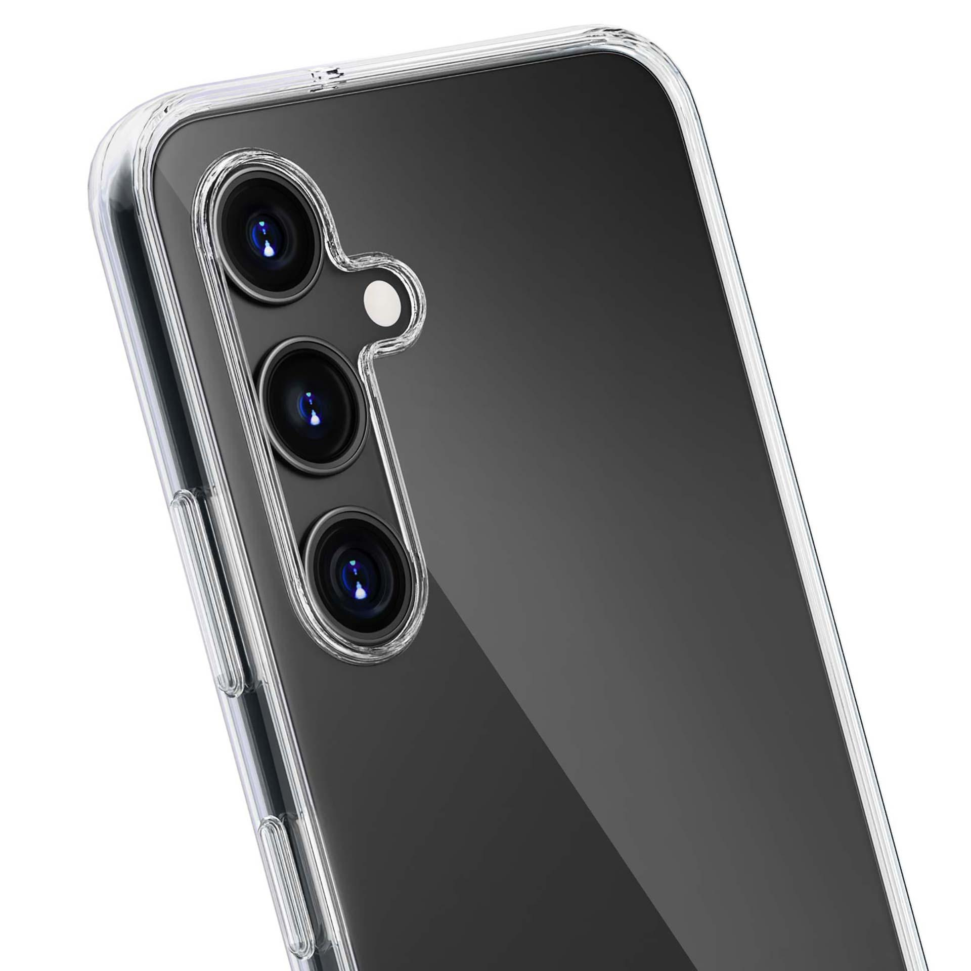 Primo piano di un telefono con tre fotocamere all'interno di una custodia trasparente, con la parte posteriore del telefono visibile.