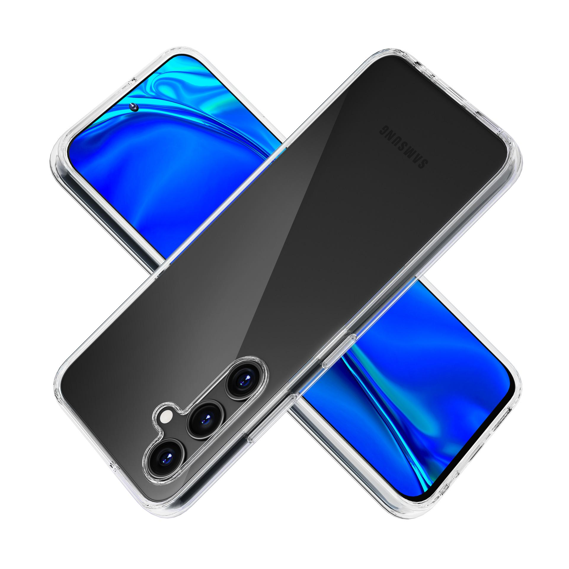 Due telefoni in custodie trasparenti. Uno è blu e l'altro nero.